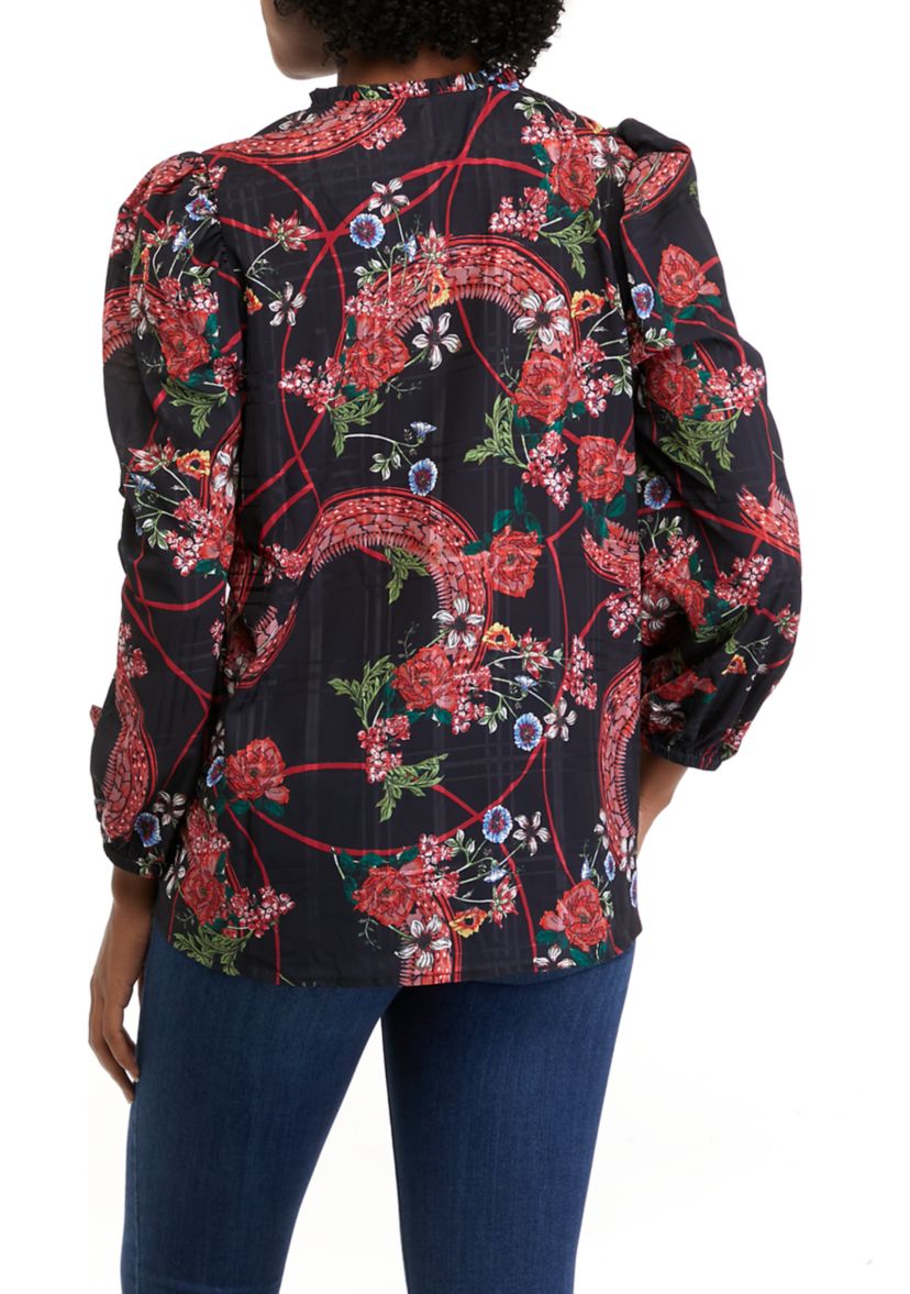 Womens Long Sleeve Printed Split Neck Blouse