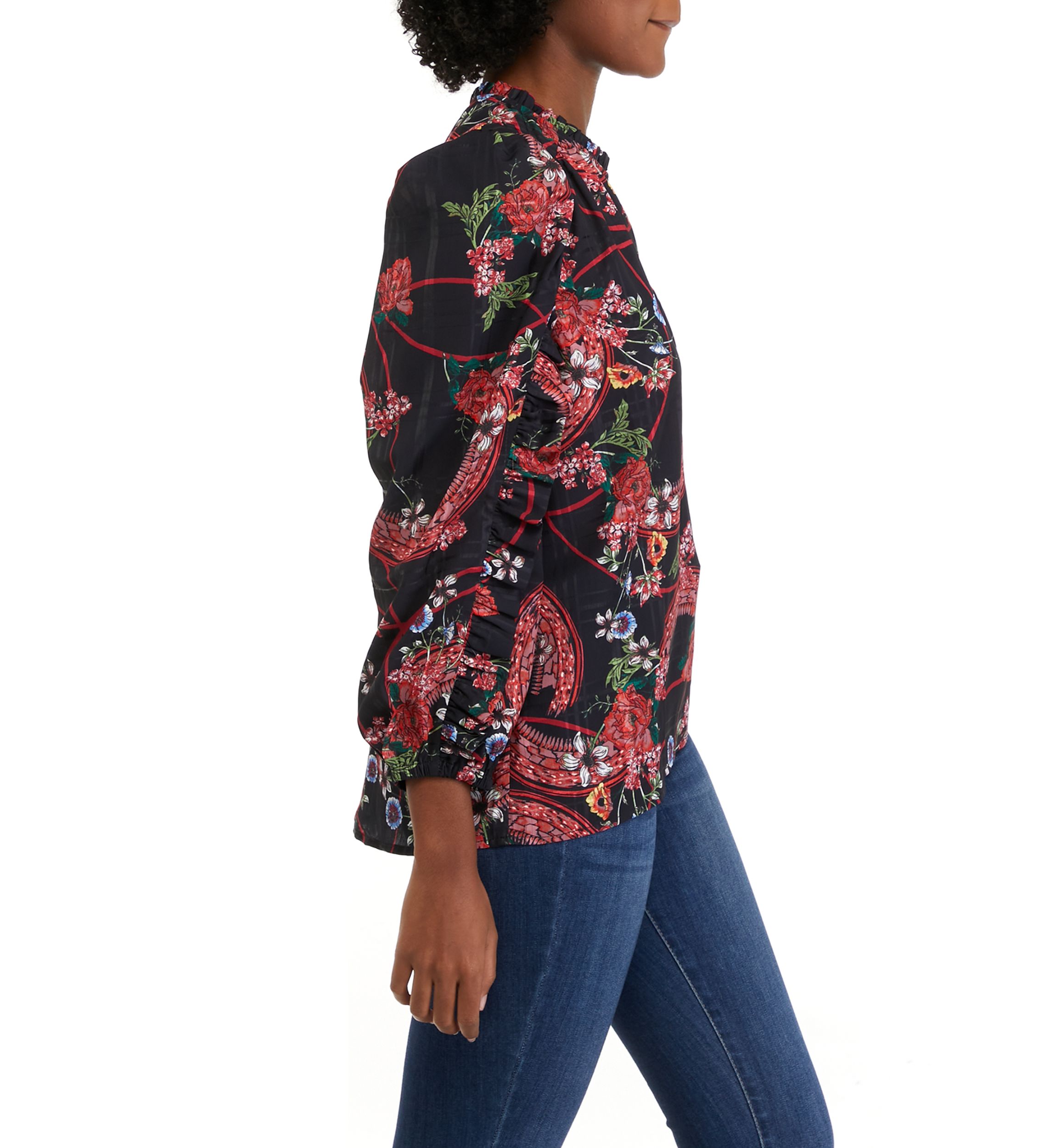 Womens Long Sleeve Printed Split Neck Blouse