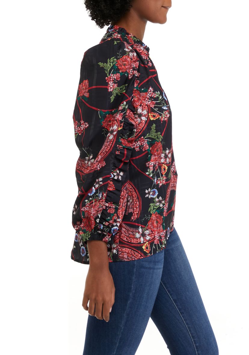 Womens Long Sleeve Printed Split Neck Blouse