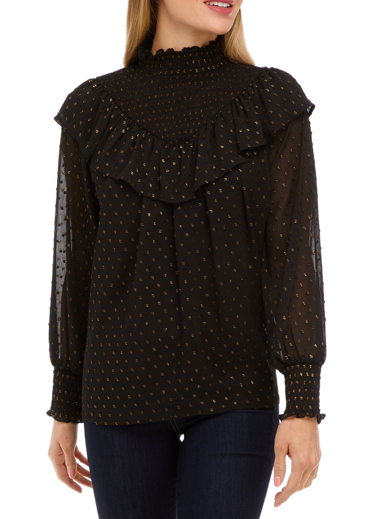 Womens Long Sleeve Clip Dot Ruffle Smocked Blouse