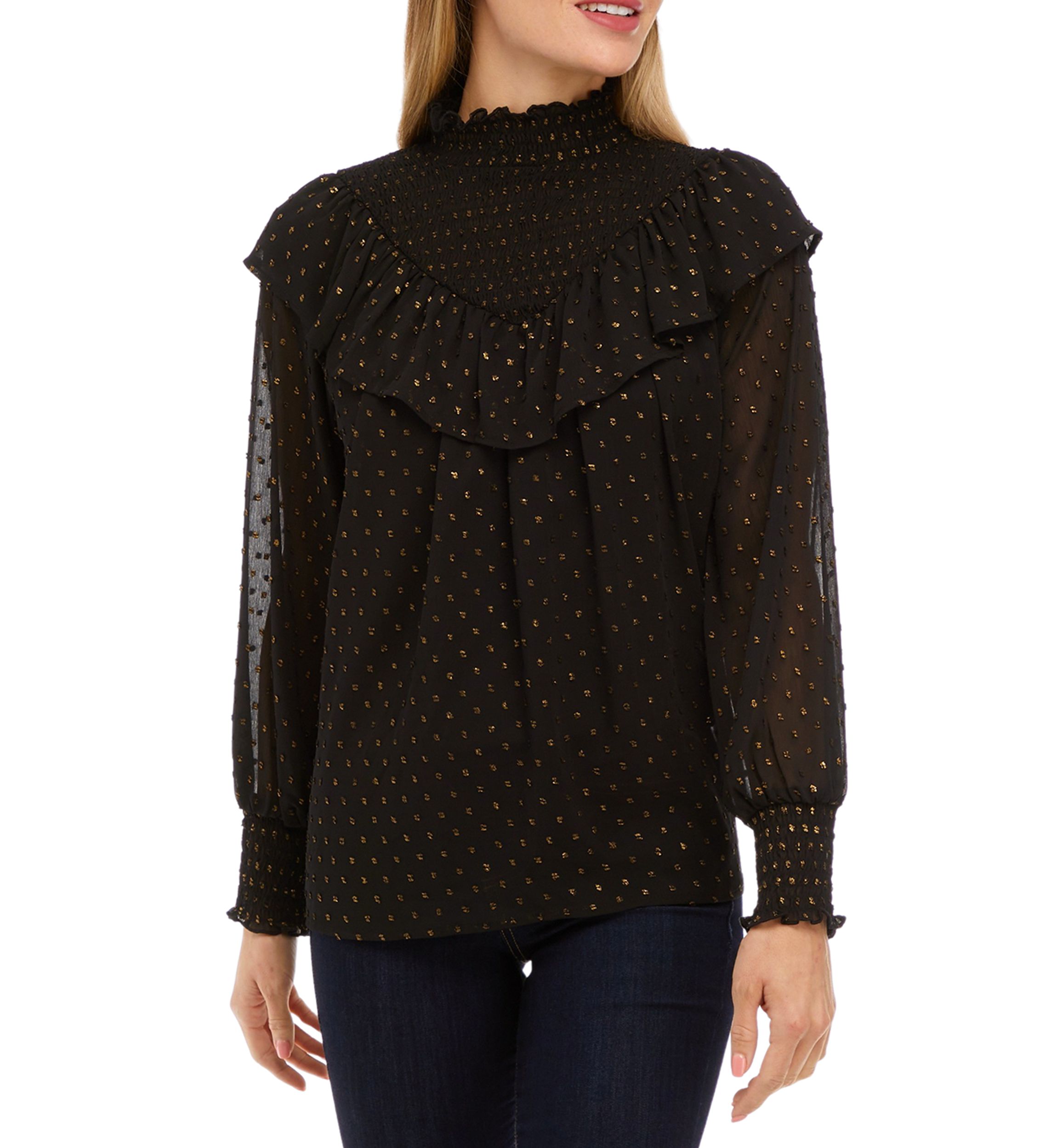 Womens Long Sleeve Clip Dot Ruffle Smocked Blouse