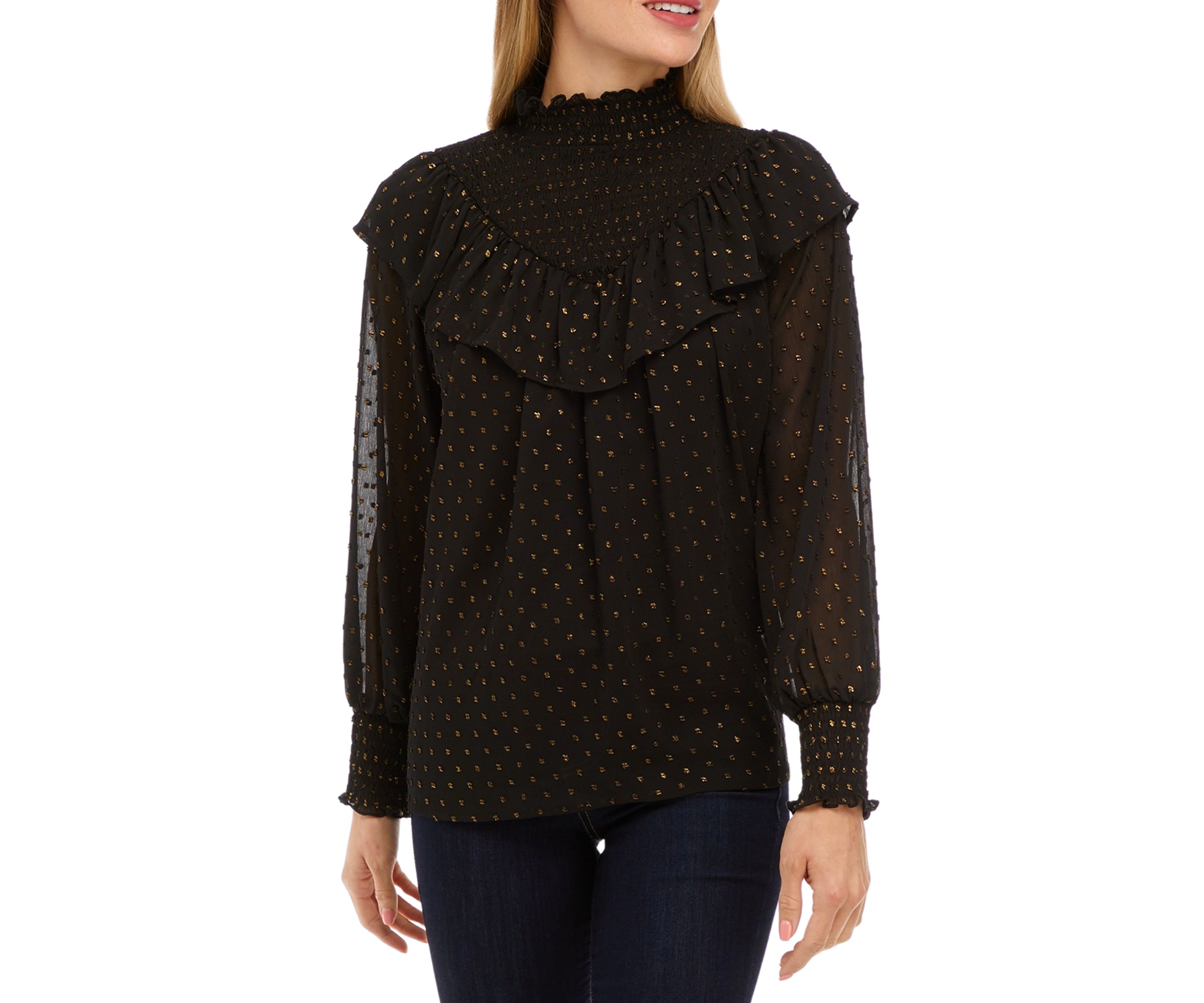 Womens Long Sleeve Clip Dot Ruffle Smocked Blouse
