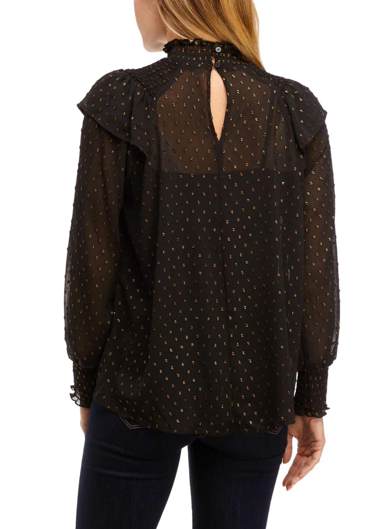 Womens Long Sleeve Clip Dot Ruffle Smocked Blouse