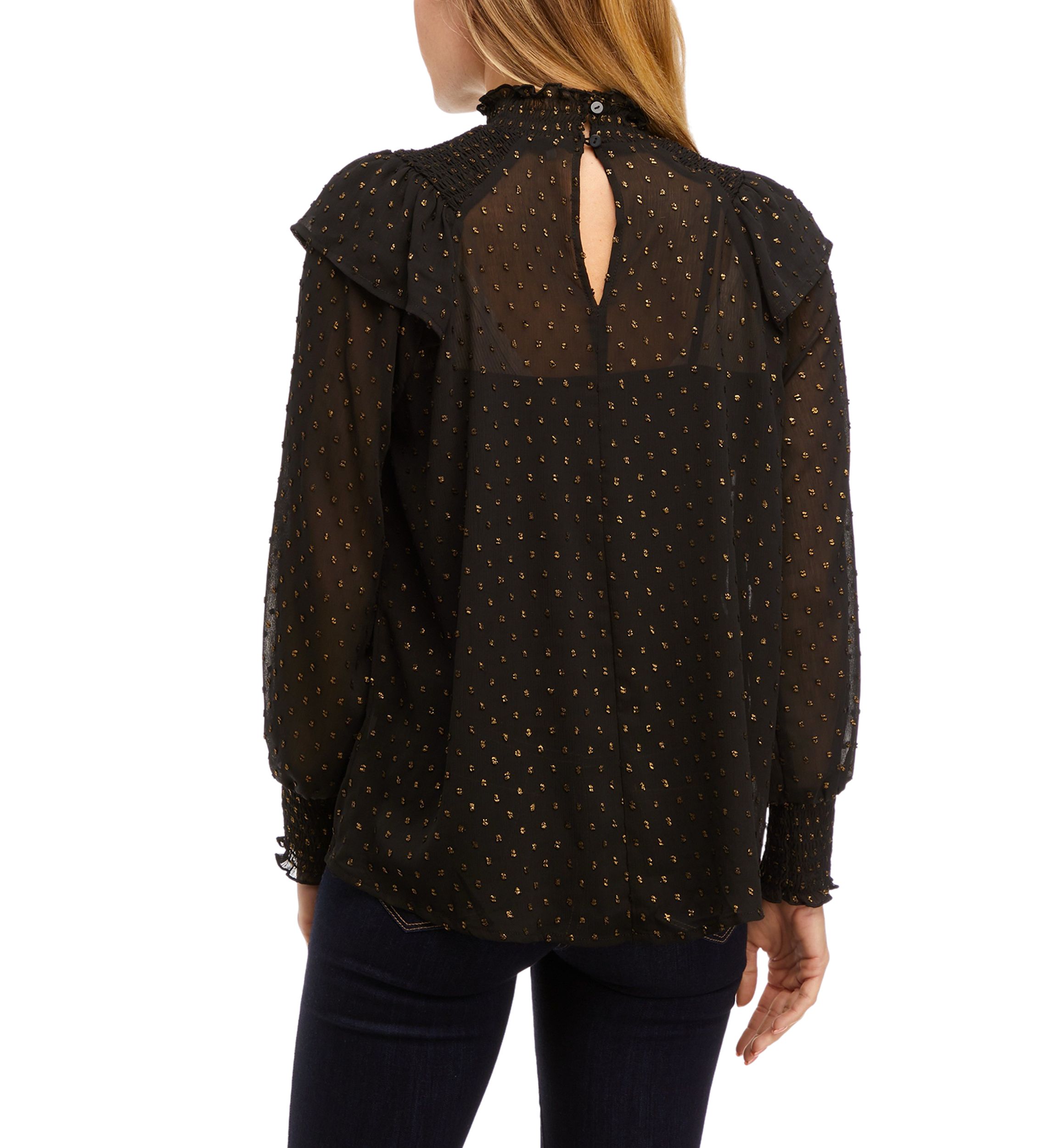 Womens Long Sleeve Clip Dot Ruffle Smocked Blouse