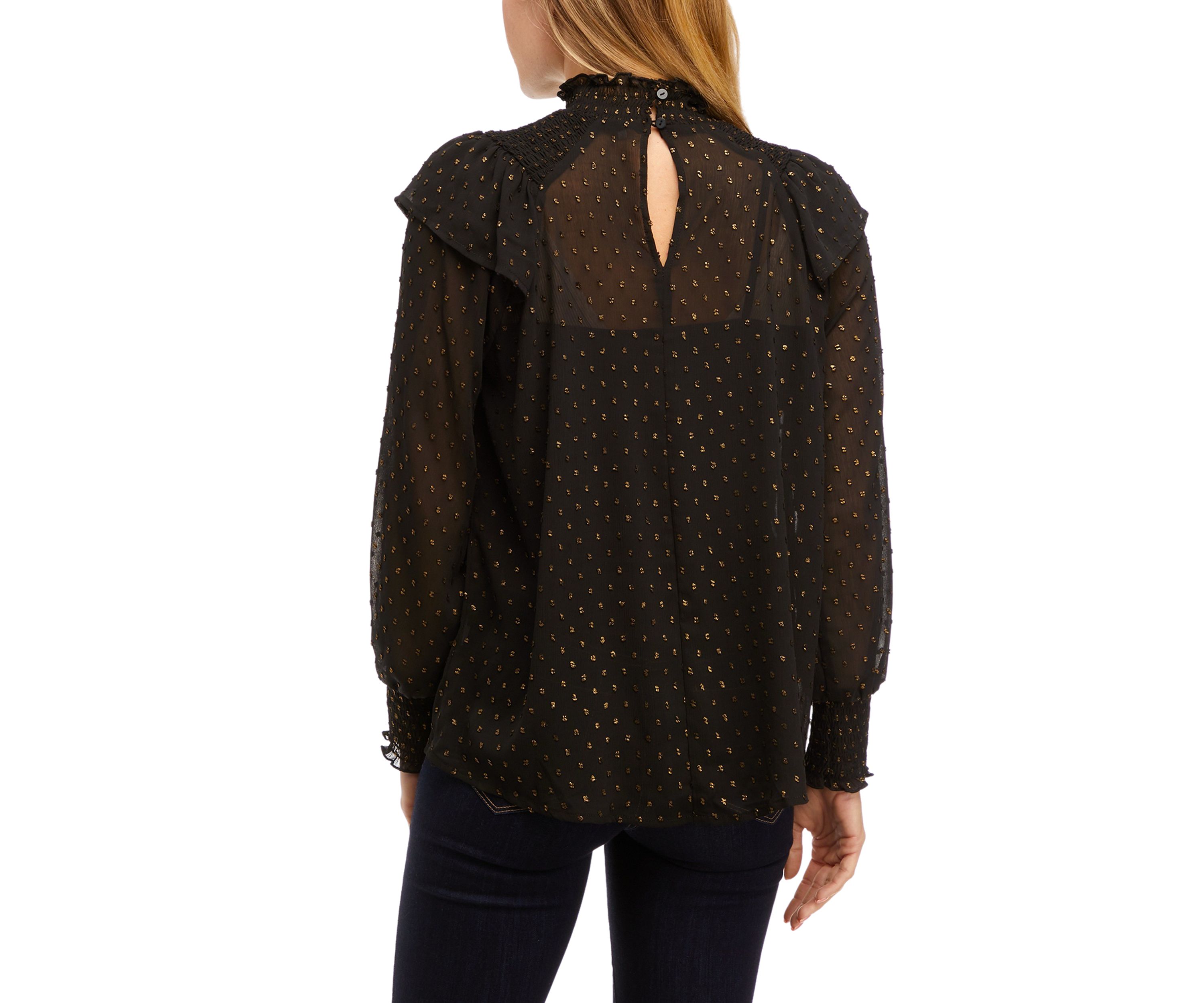 Womens Long Sleeve Clip Dot Ruffle Smocked Blouse