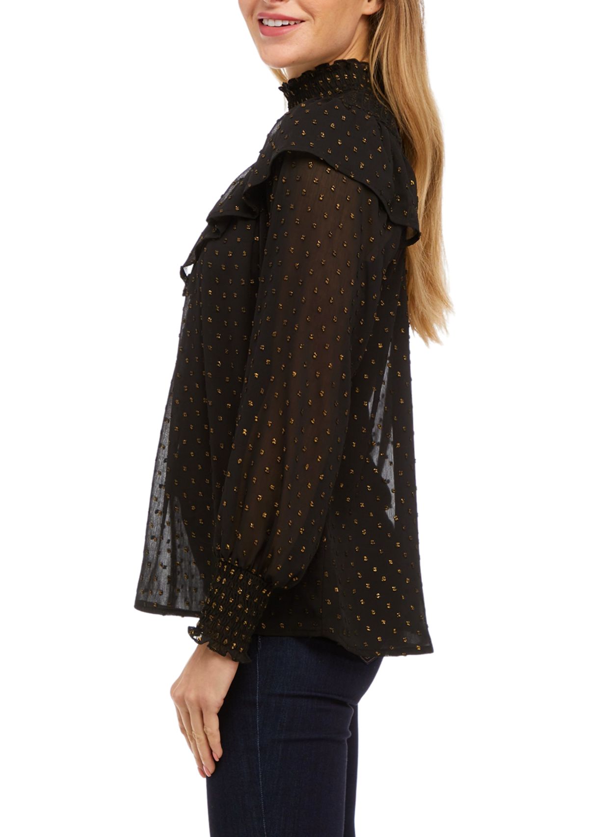 Womens Long Sleeve Clip Dot Ruffle Smocked Blouse