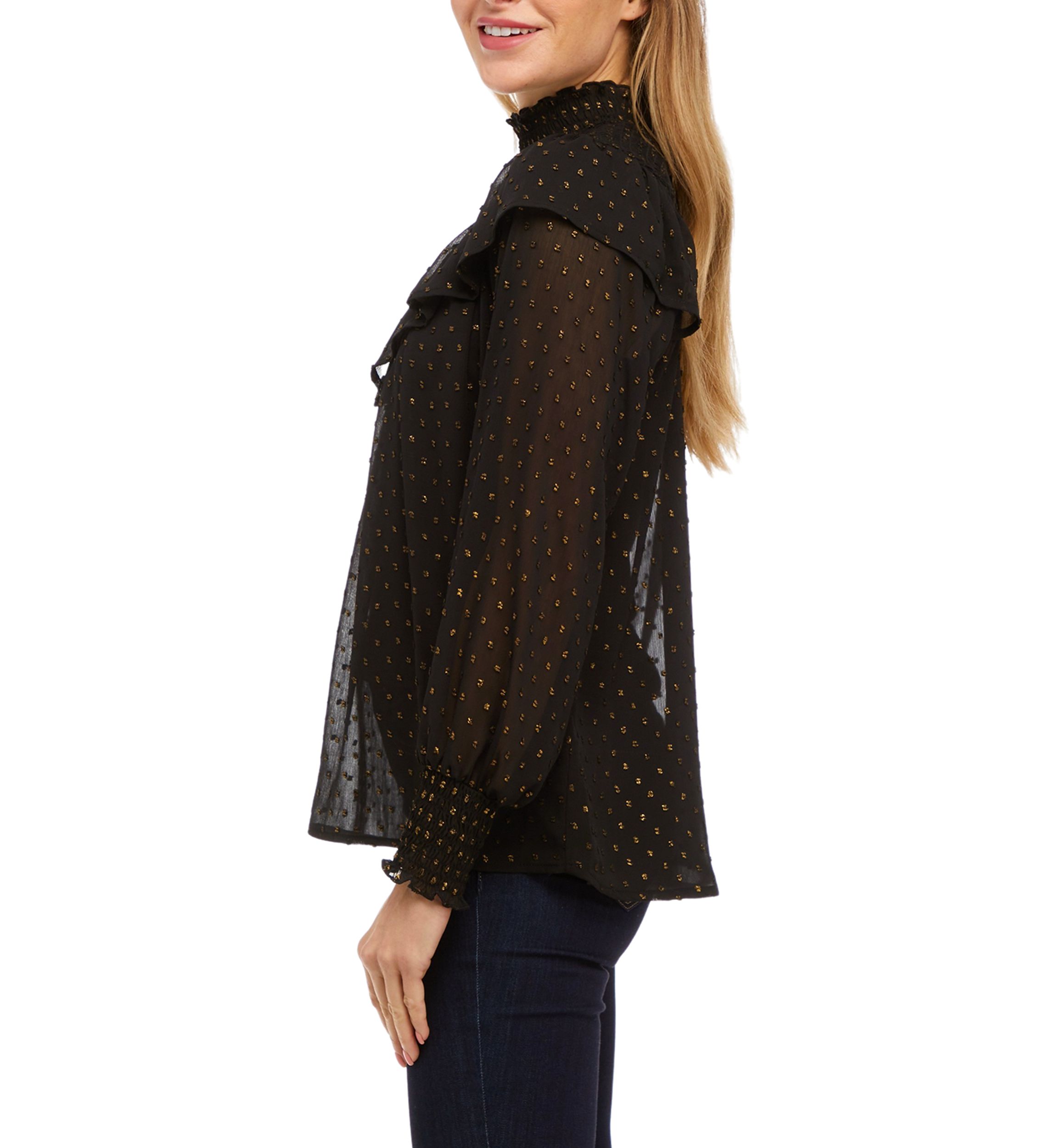 Womens Long Sleeve Clip Dot Ruffle Smocked Blouse