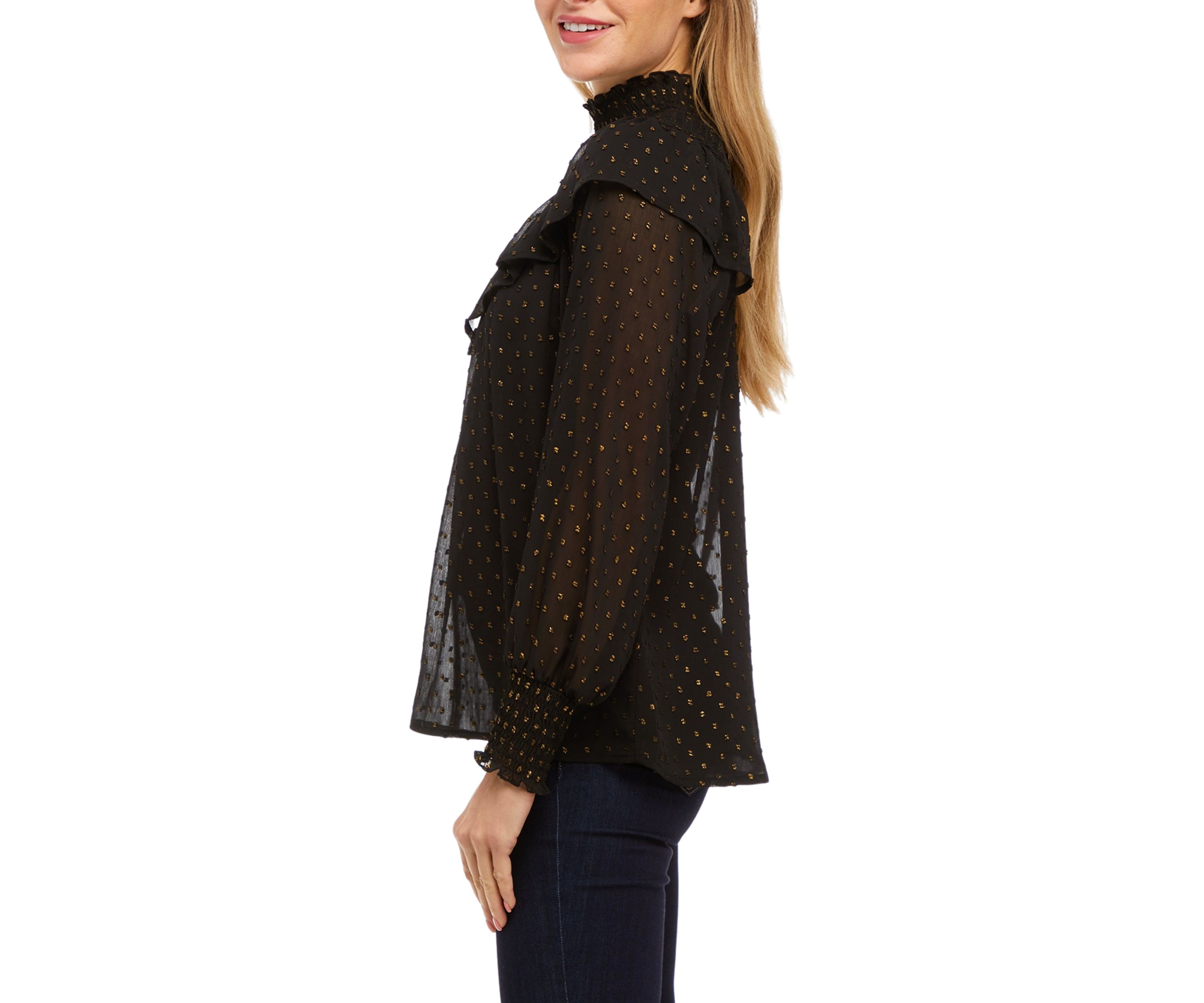 Womens Long Sleeve Clip Dot Ruffle Smocked Blouse