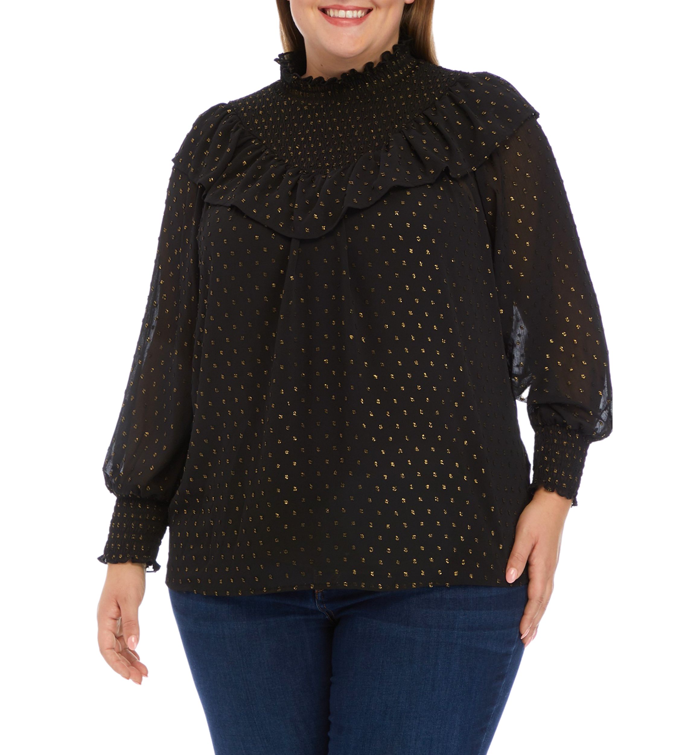 Plus Size Long Sleeve Clip Dot Ruffle Smock Blouse