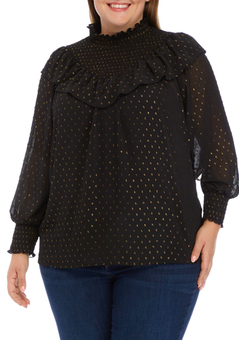 Plus Size Long Sleeve Clip Dot Ruffle Smock Blouse
