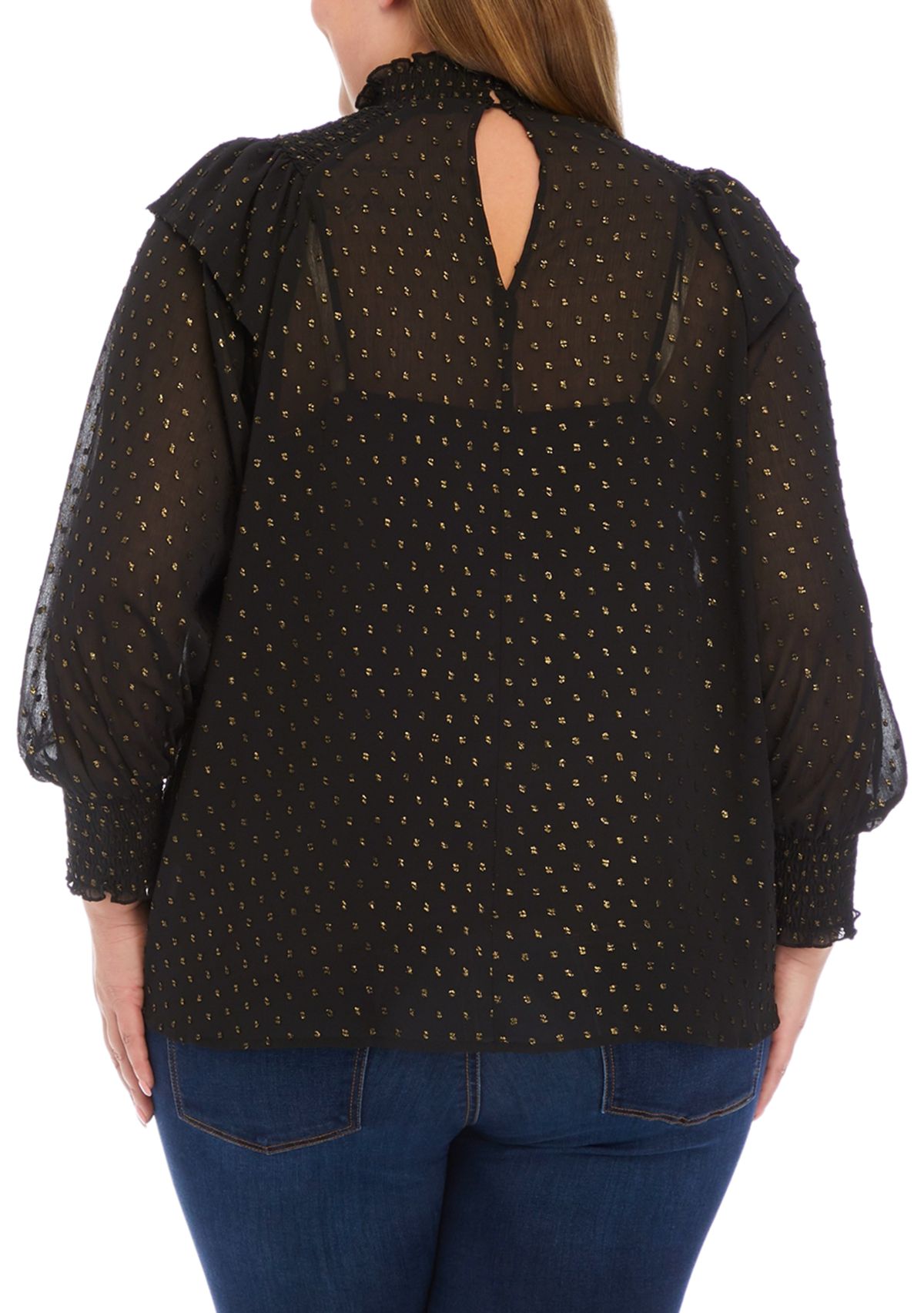 Plus Size Long Sleeve Clip Dot Ruffle Smock Blouse