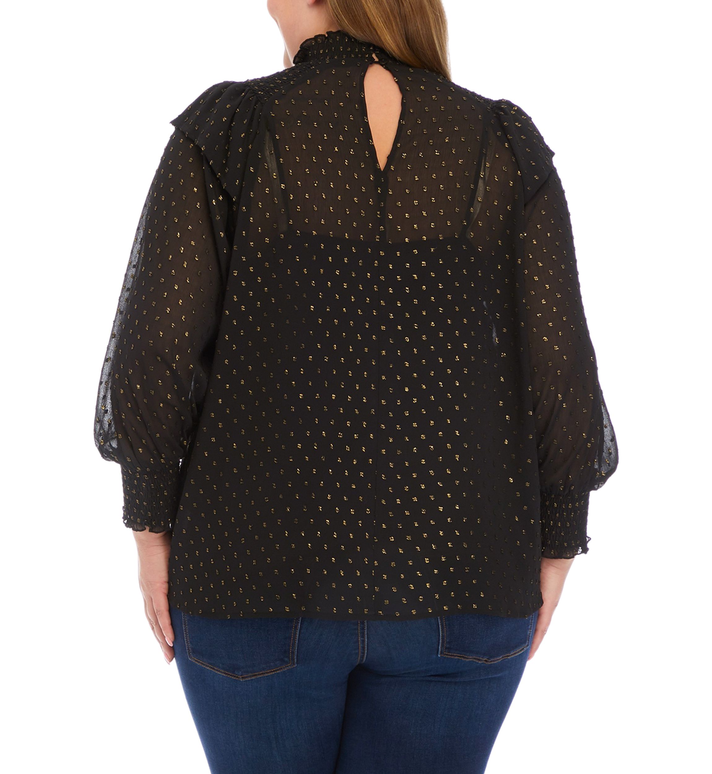 Plus Size Long Sleeve Clip Dot Ruffle Smock Blouse