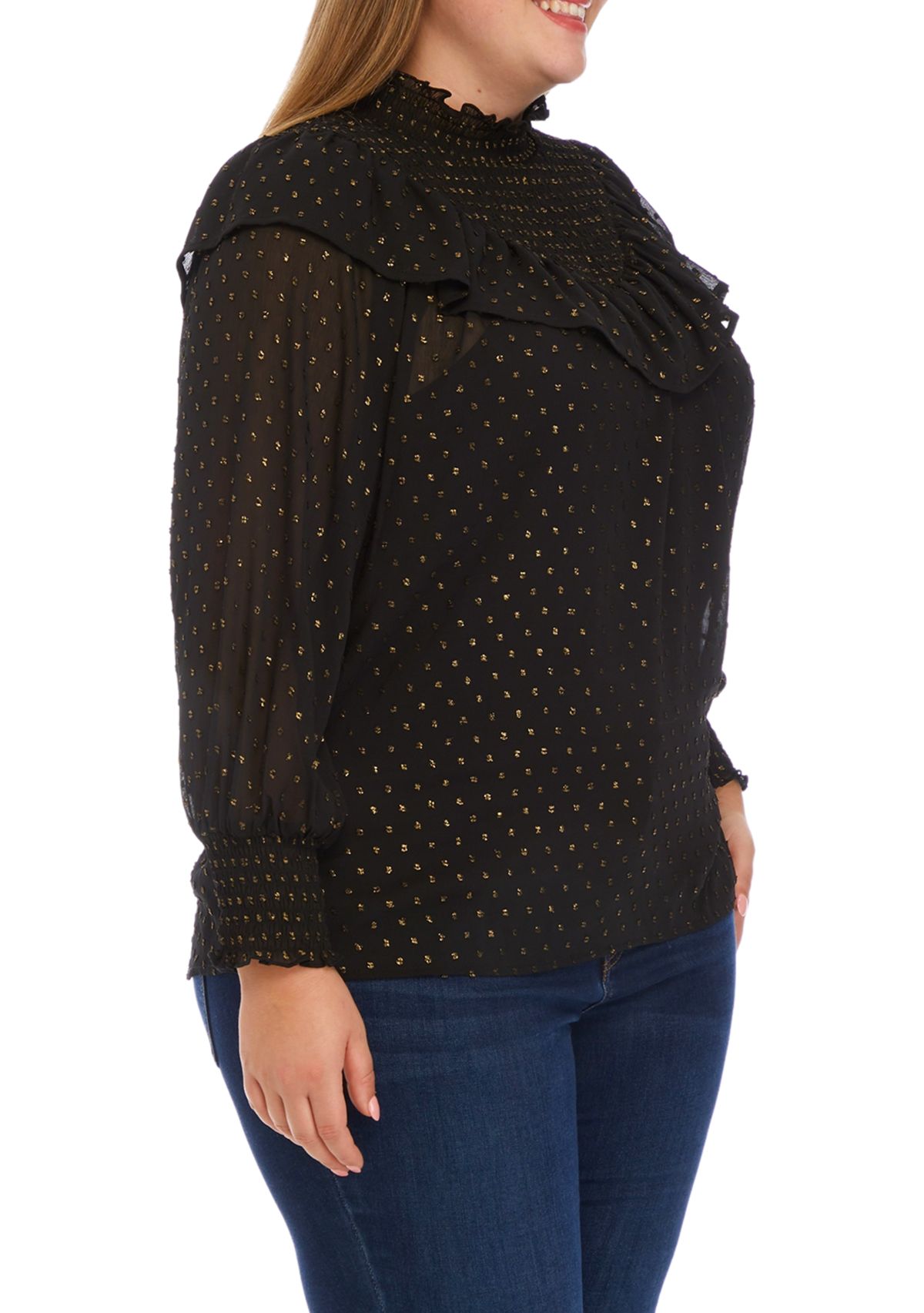 Plus Size Long Sleeve Clip Dot Ruffle Smock Blouse