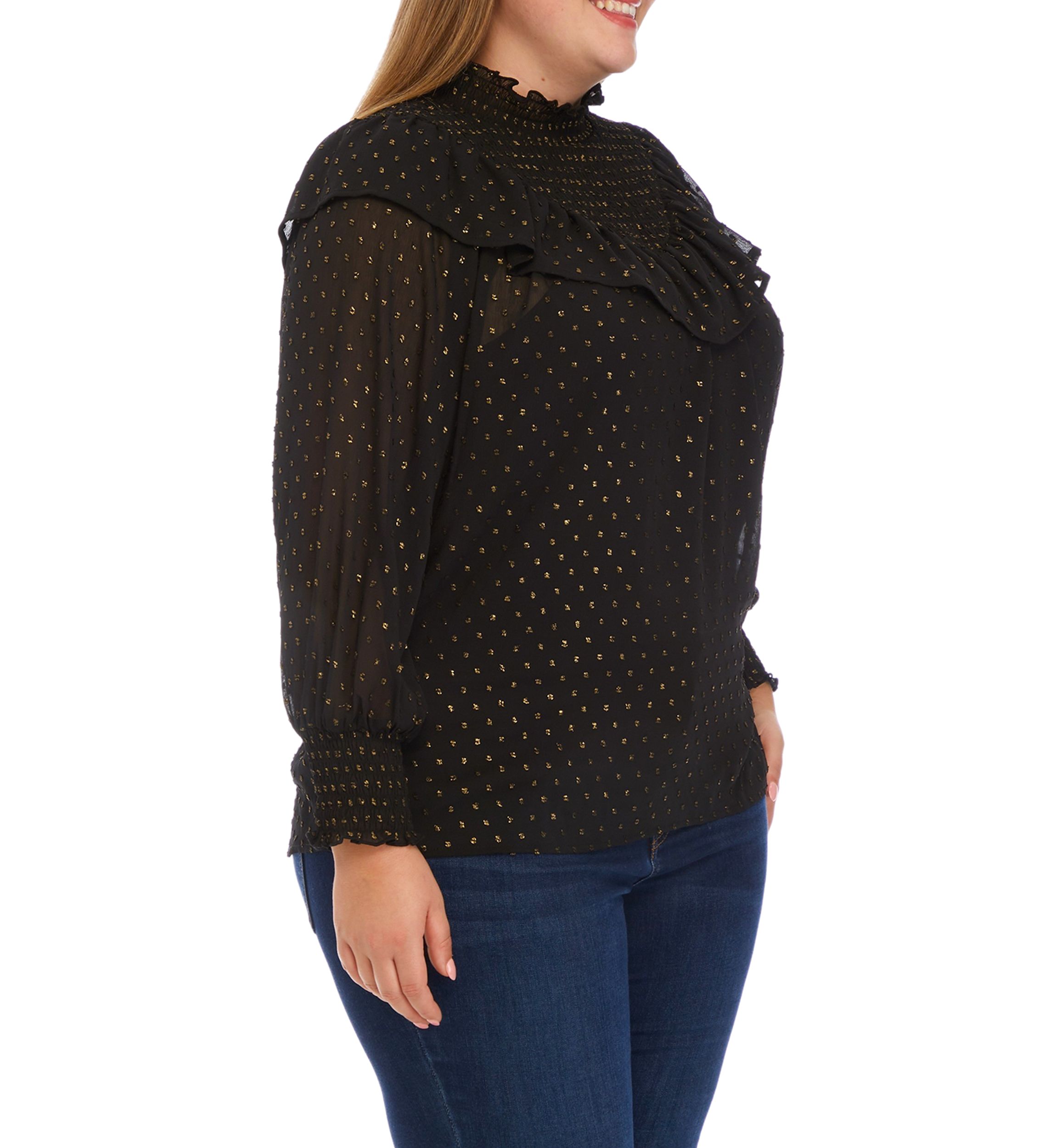 Plus Size Long Sleeve Clip Dot Ruffle Smock Blouse