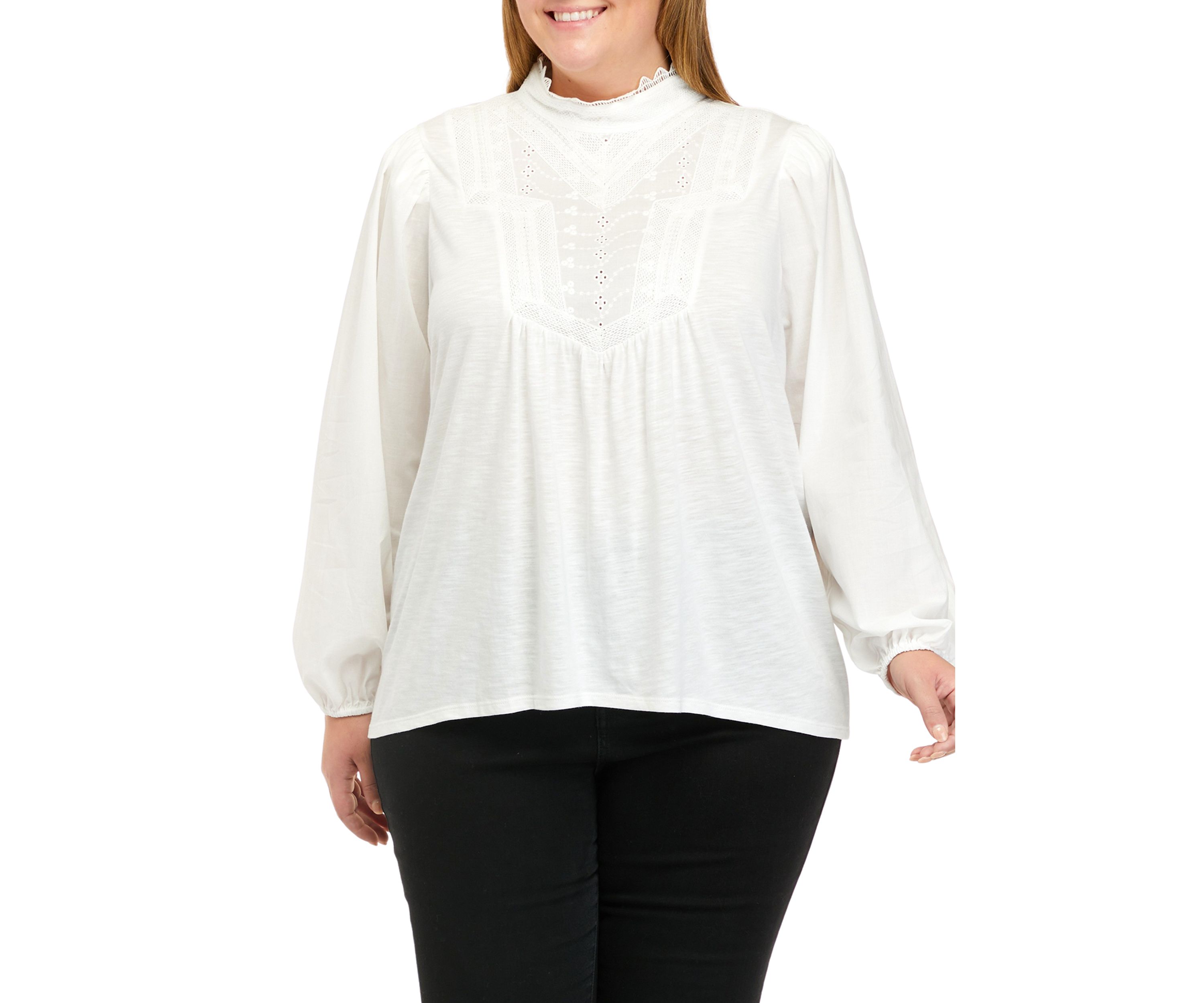 Plus Size Long Sleeve Mock Neck Lace Bib Knit Top