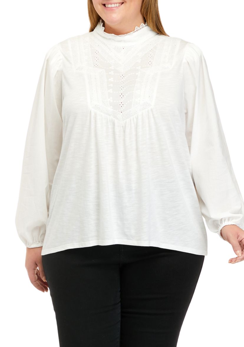 Plus Size Long Sleeve Mock Neck Lace Bib Knit Top