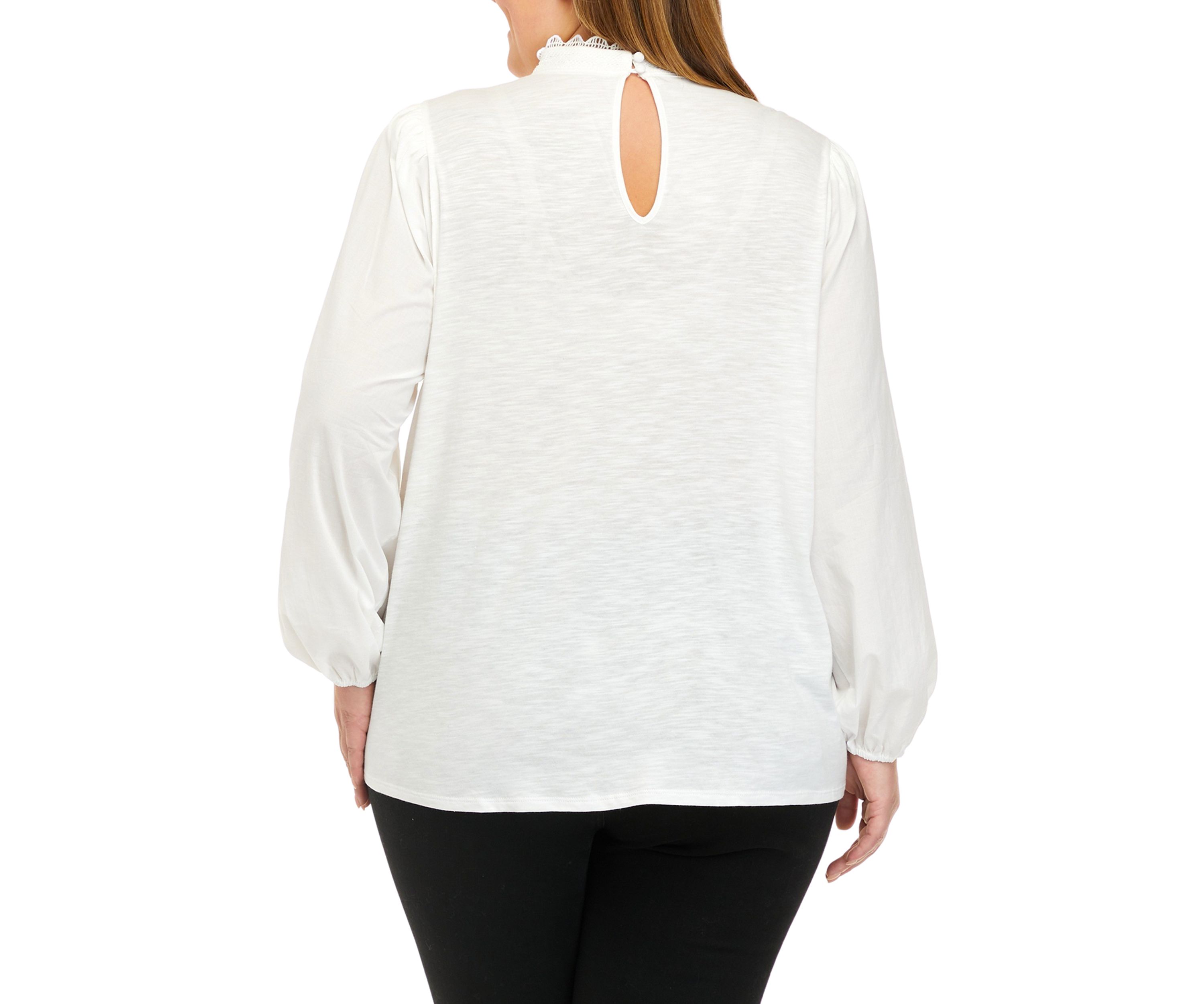 Plus Size Long Sleeve Mock Neck Lace Bib Knit Top