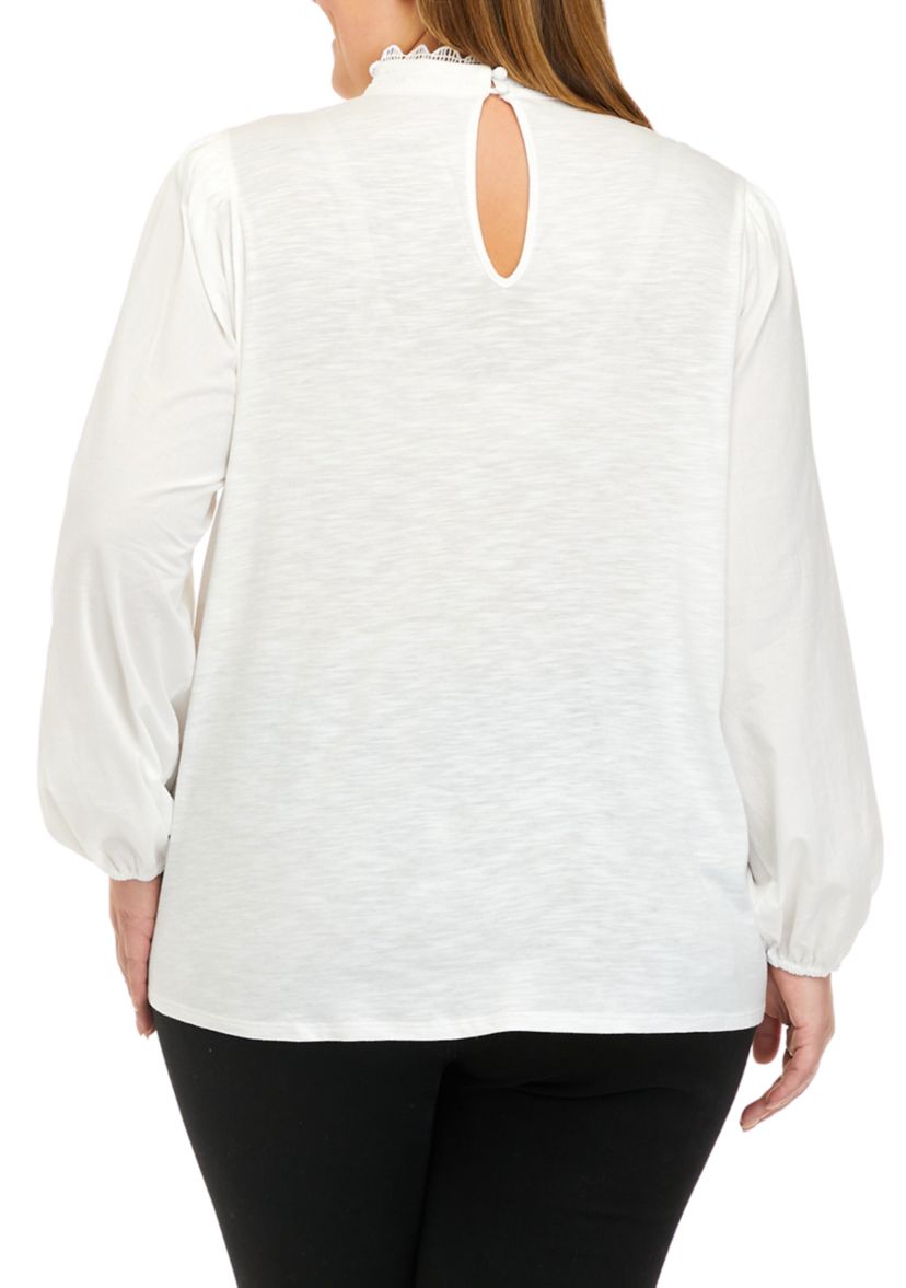 Plus Size Long Sleeve Mock Neck Lace Bib Knit Top