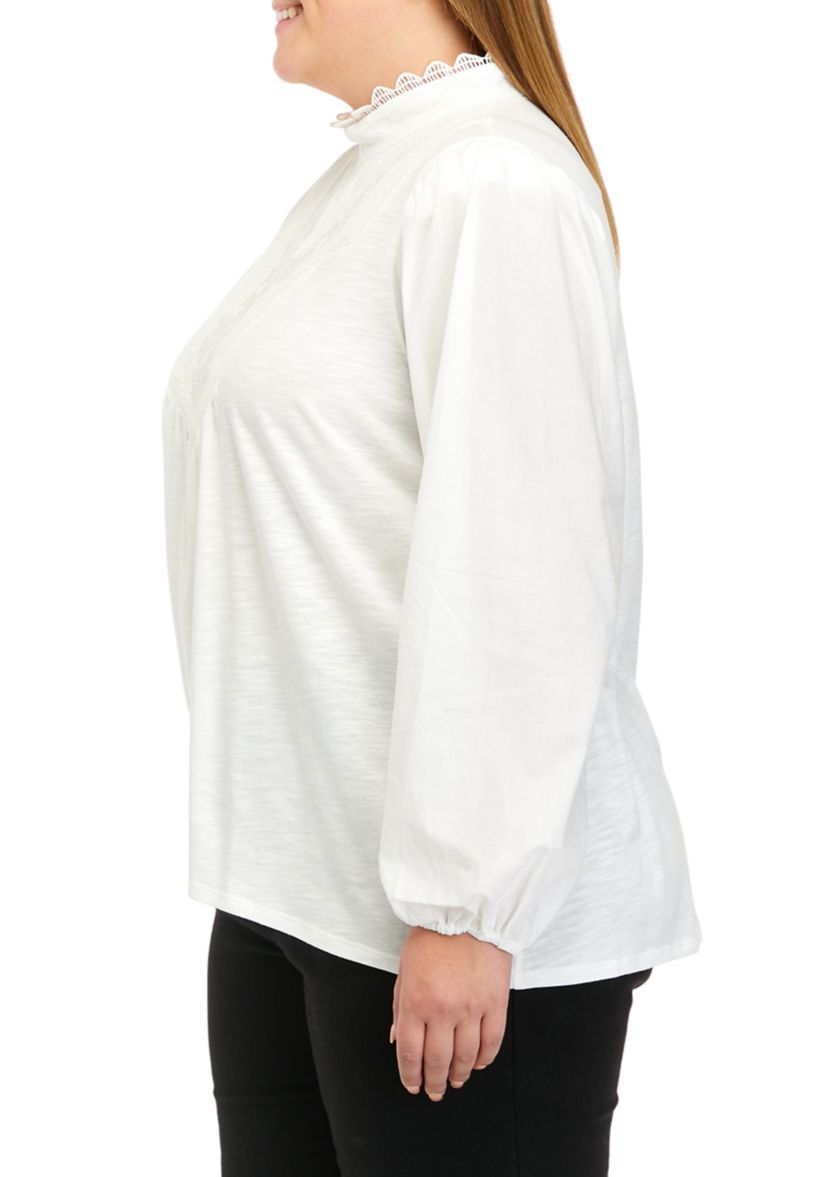 Plus Size Long Sleeve Mock Neck Lace Bib Knit Top