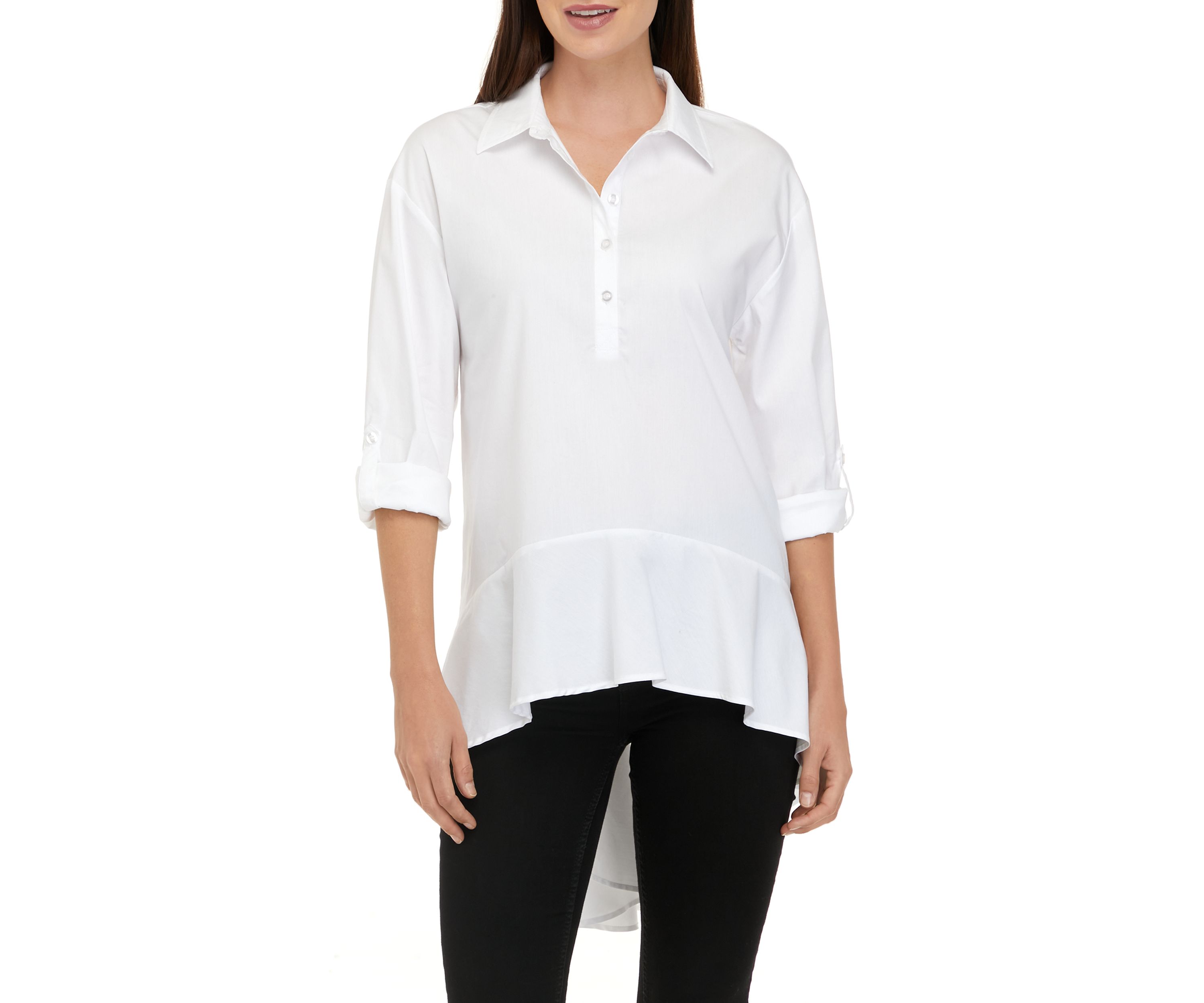 Womens Roll Sleeve High Low Poplin Tunic Top