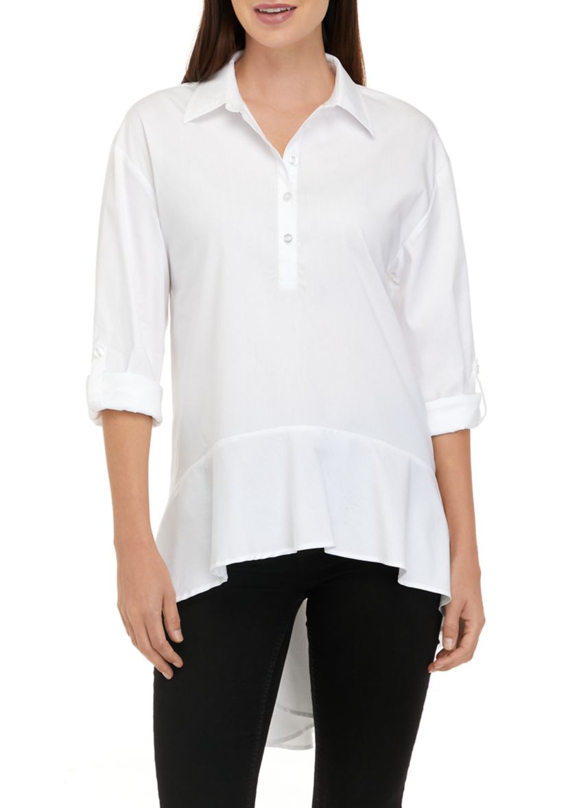 Womens Roll Sleeve High Low Poplin Tunic Top