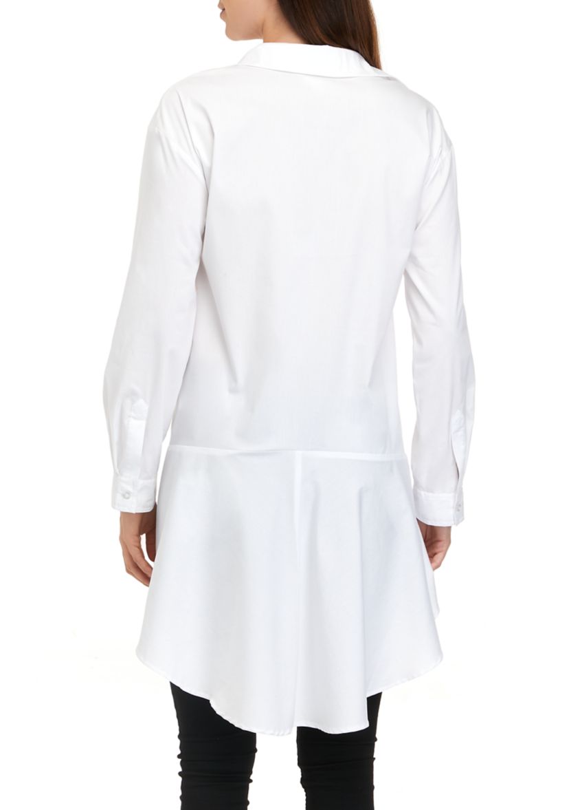 Womens Roll Sleeve High Low Poplin Tunic Top