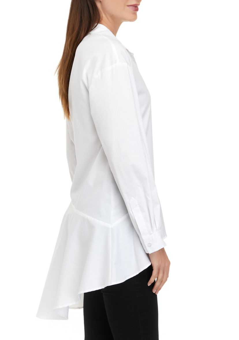 Womens Roll Sleeve High Low Poplin Tunic Top