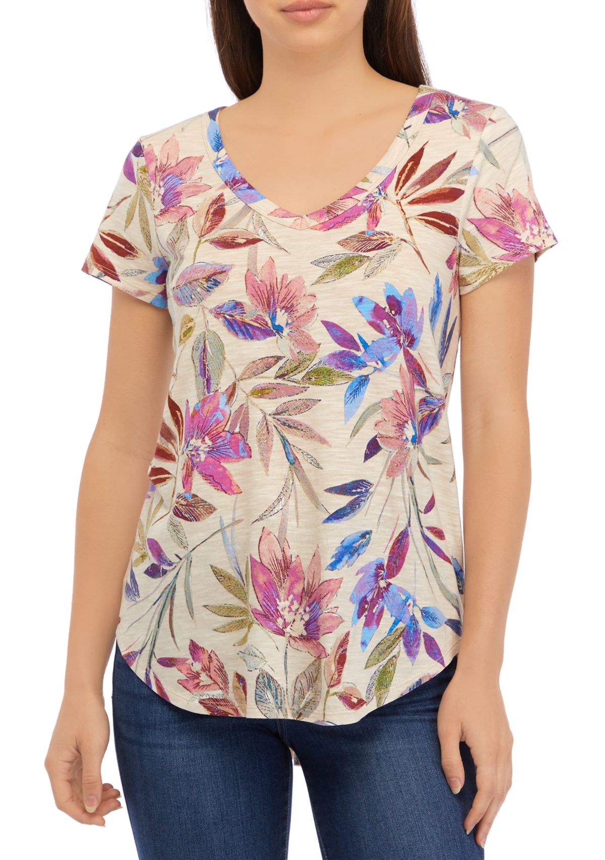 Womens Short Sleeve V-Neck Printed Slub T-Shirt
