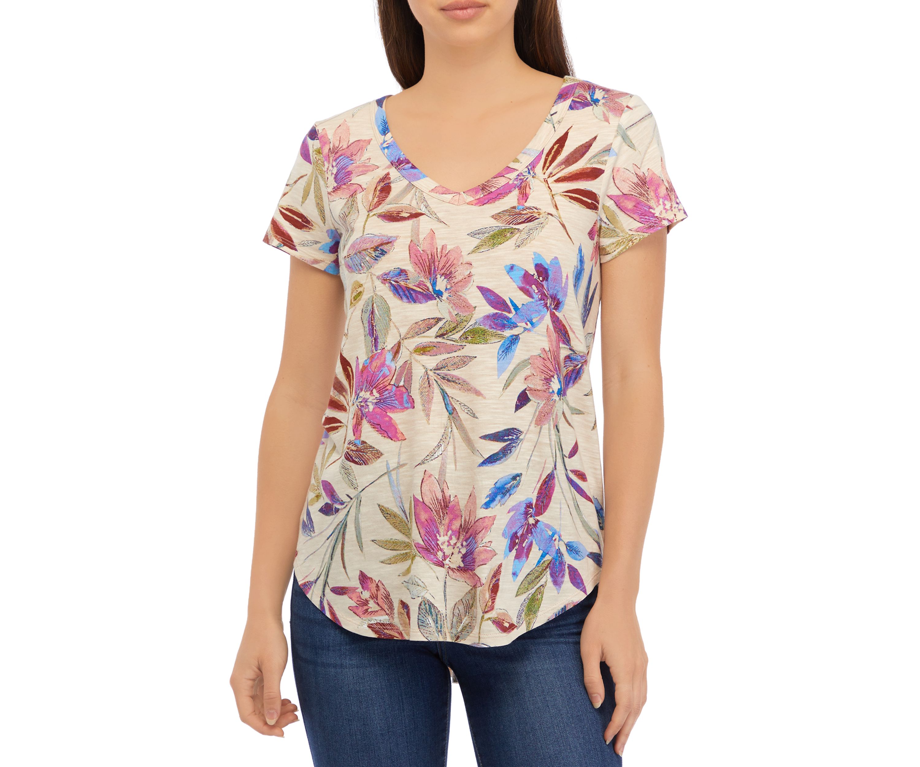 Womens Short Sleeve V-Neck Printed Slub T-Shirt