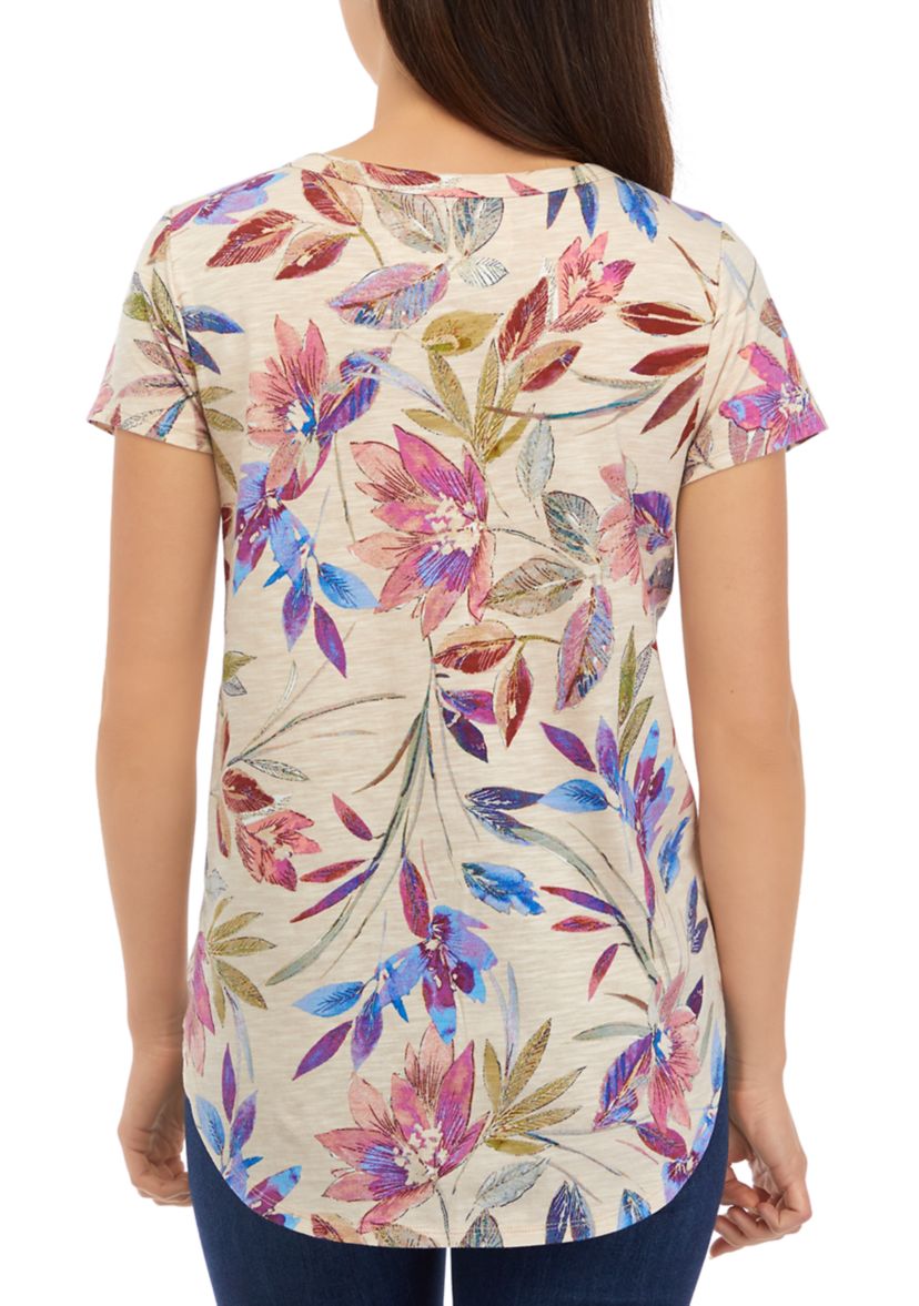 Womens Short Sleeve V-Neck Printed Slub T-Shirt