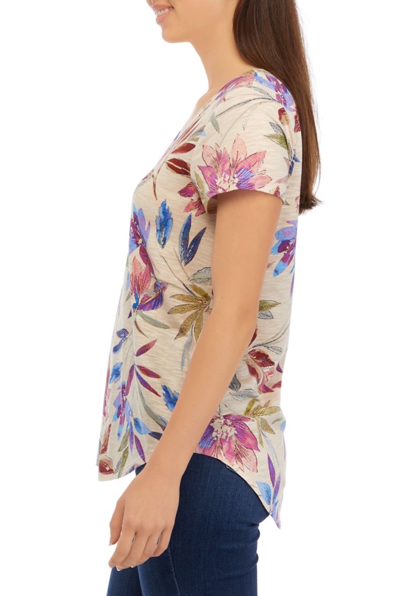 Womens Short Sleeve V-Neck Printed Slub T-Shirt