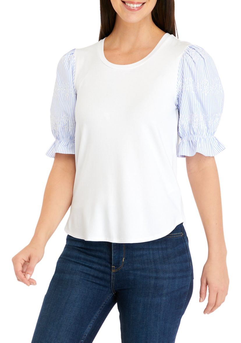 Womens Poplin Embroidered Stripe Sleeve T-Shirt