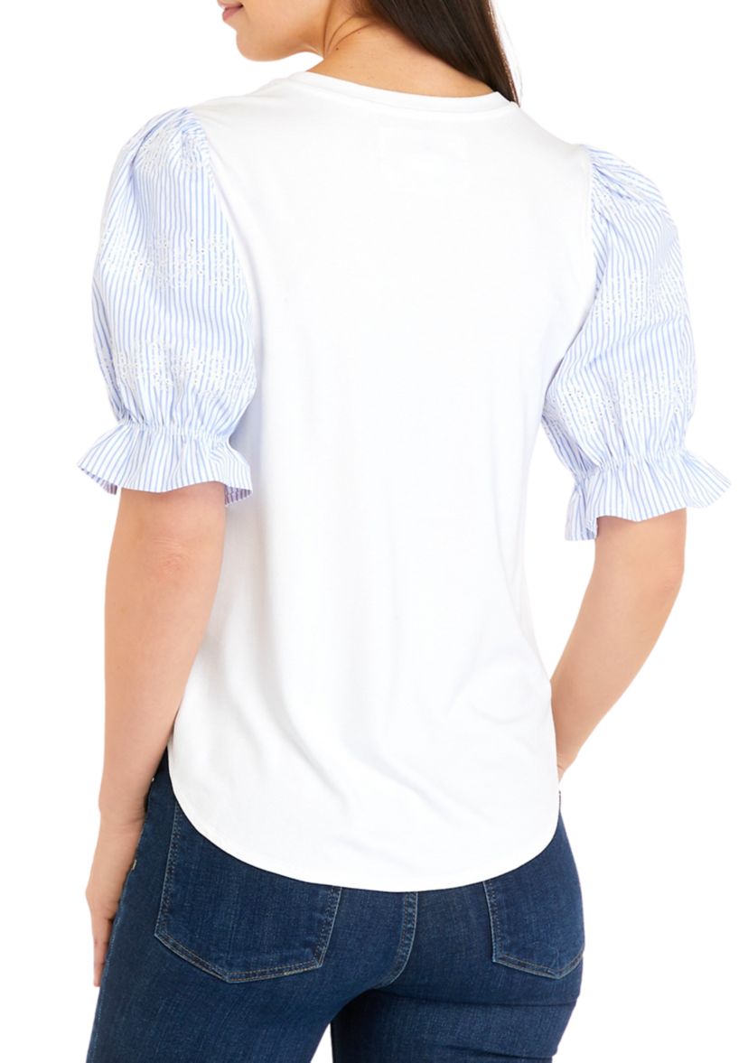 Womens Poplin Embroidered Stripe Sleeve T-Shirt