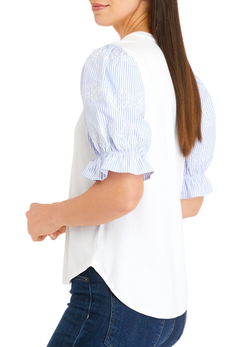 Womens Poplin Embroidered Stripe Sleeve T-Shirt