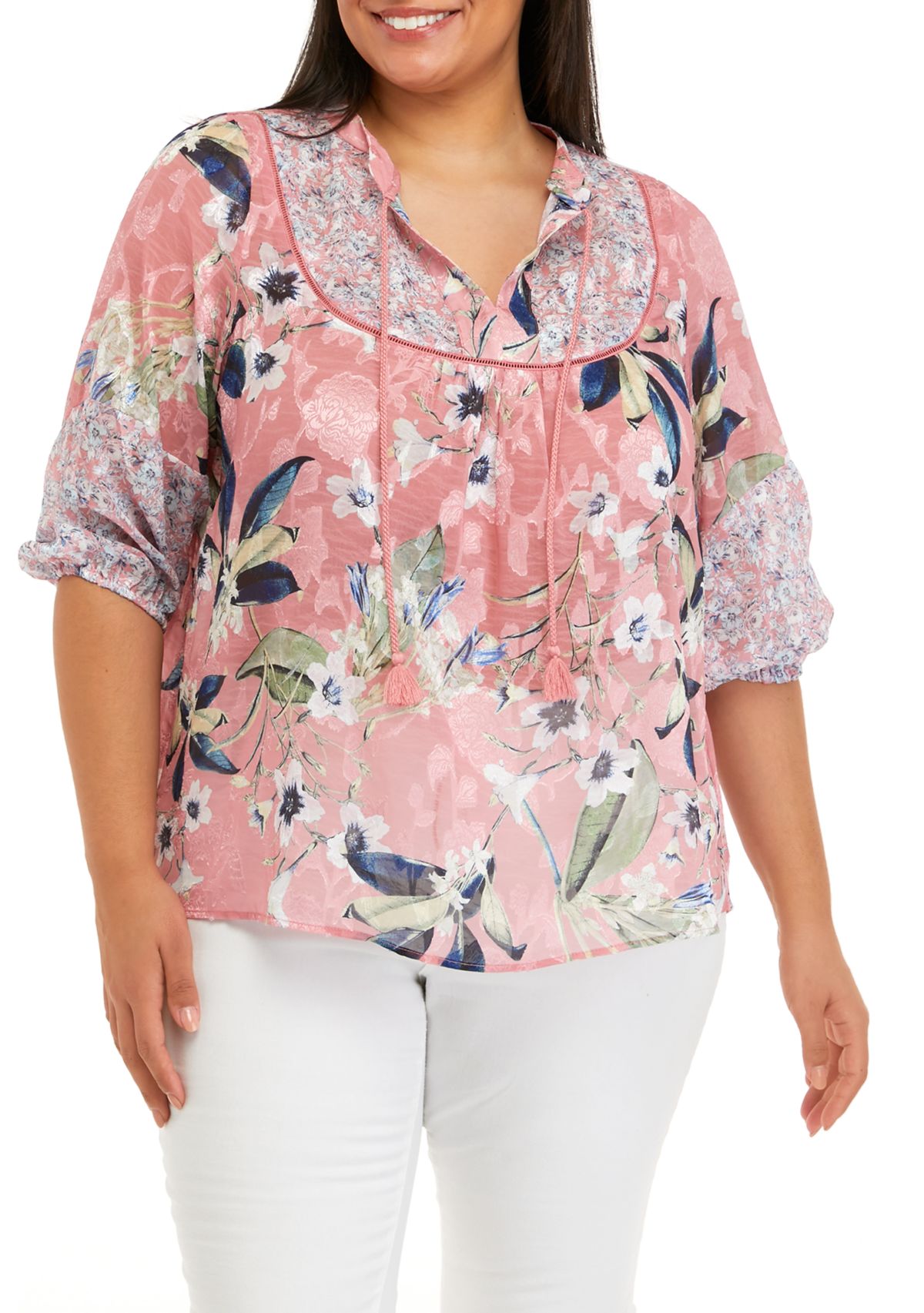 Plus Size 3/4 Sleeve Mixed Print Peasant Blouse