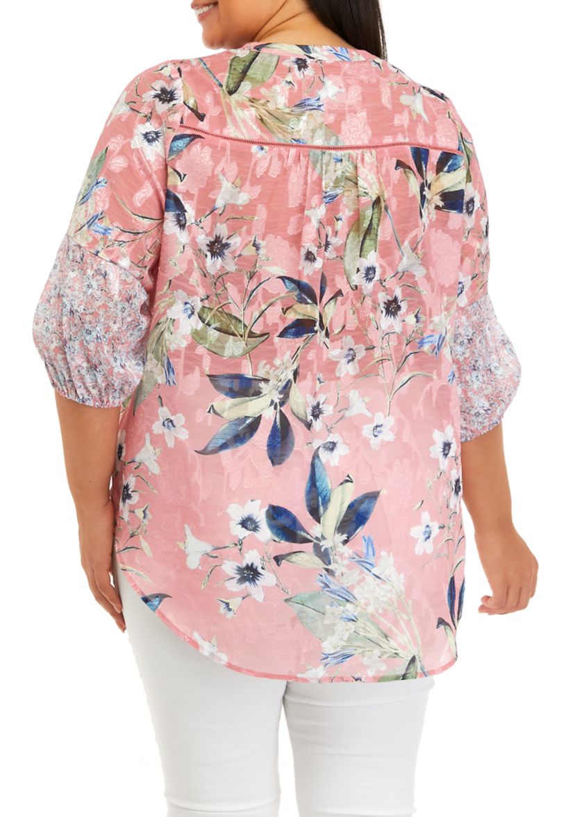 Plus Size 3/4 Sleeve Mixed Print Peasant Blouse
