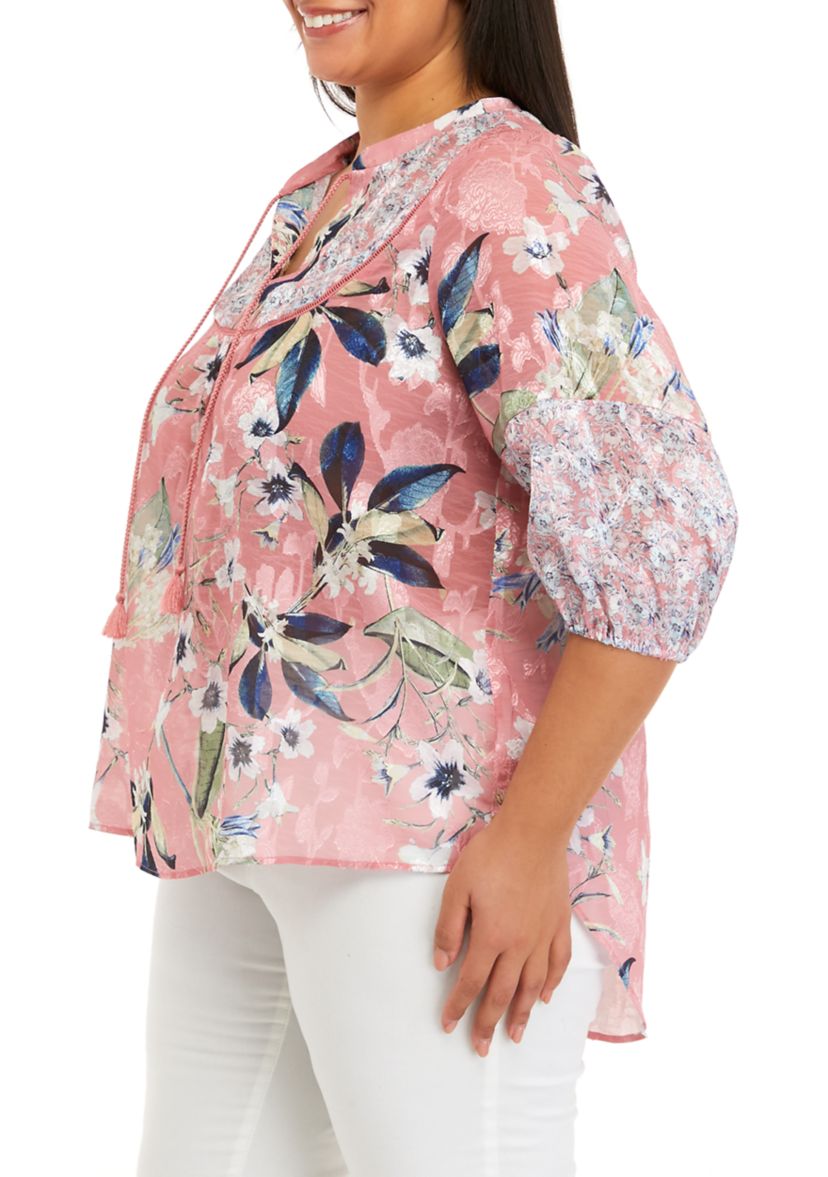 Plus Size 3/4 Sleeve Mixed Print Peasant Blouse