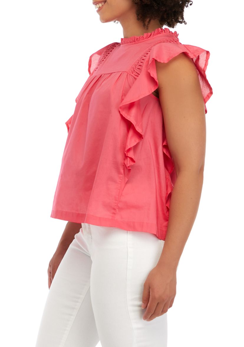 Womens Flutter Sleeve Cotton Voile Blouse