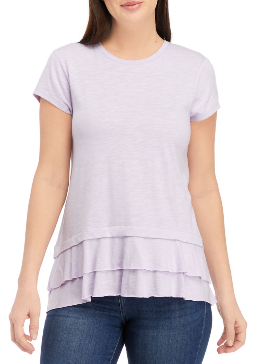 Womens Short Sleeve Slub Double Layer Hem T-Shirt