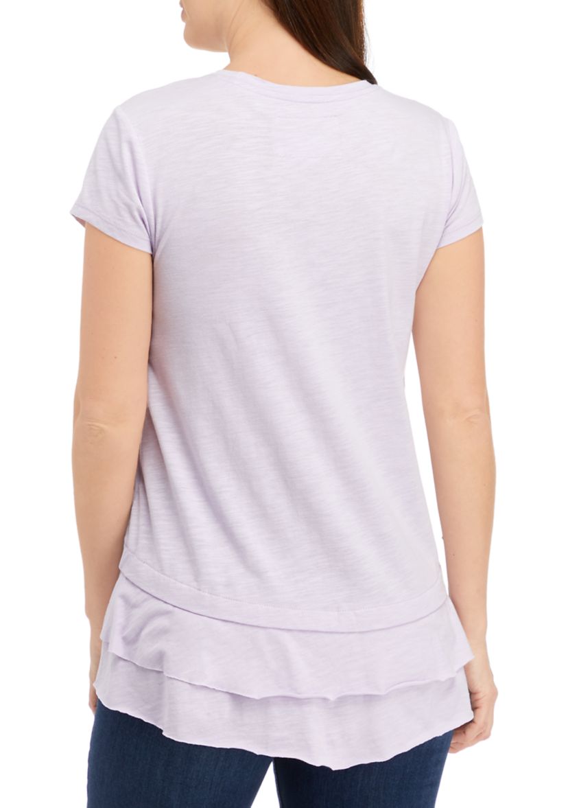 Womens Short Sleeve Slub Double Layer Hem T-Shirt