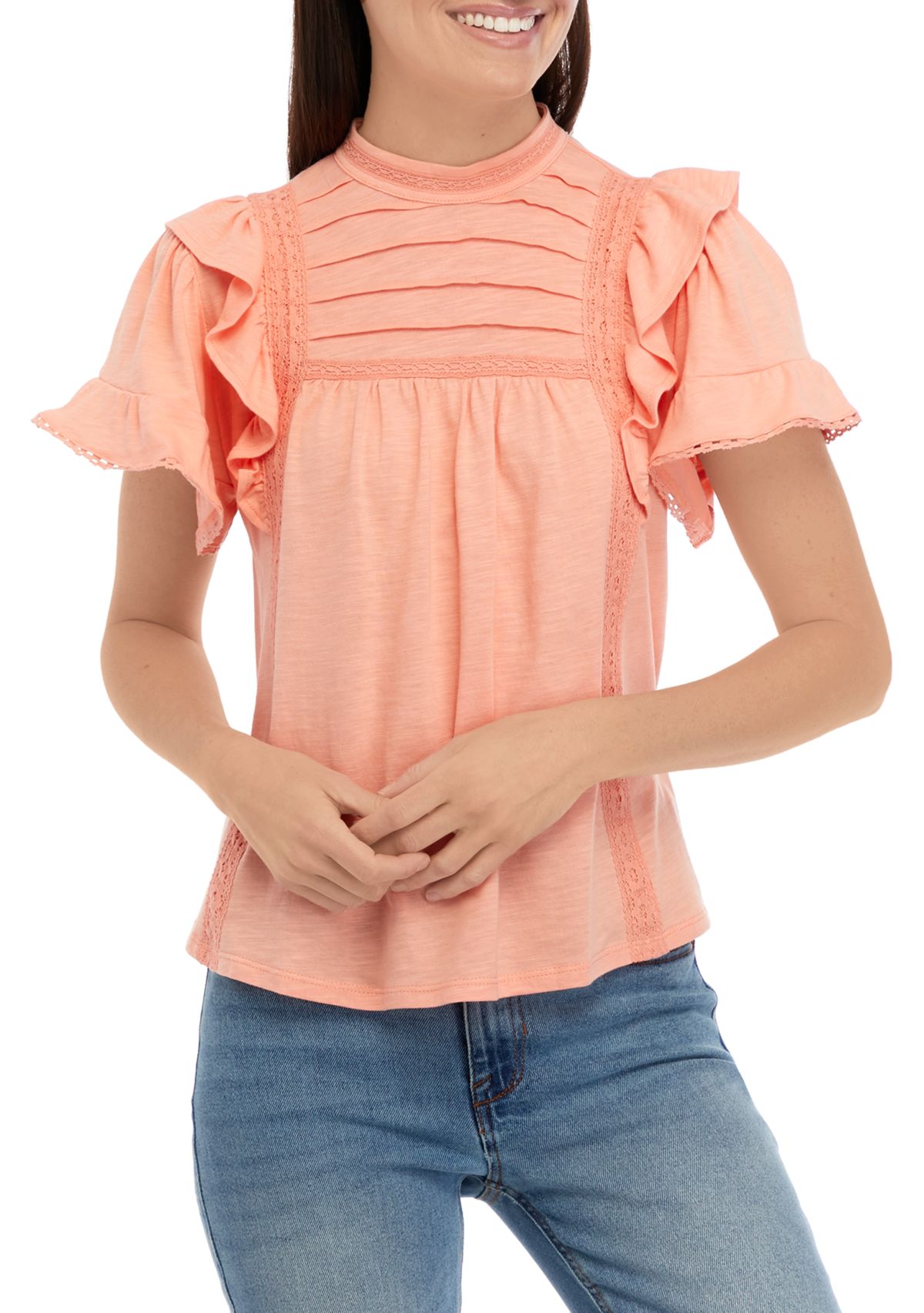Womens Flutter Sleeve Lace Trim Top with Pintuck 