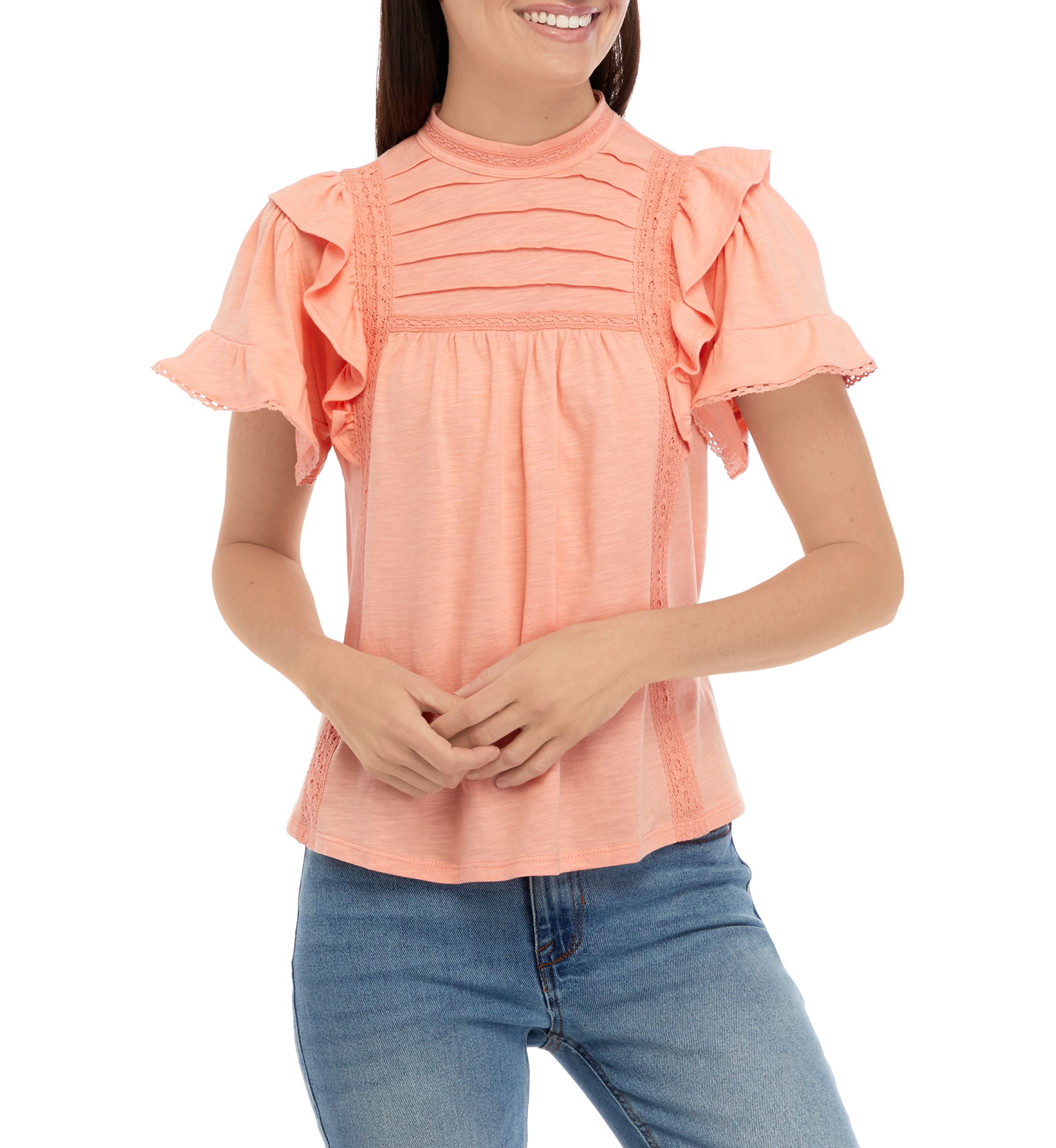 Womens Flutter Sleeve Lace Trim Top with Pintuck 