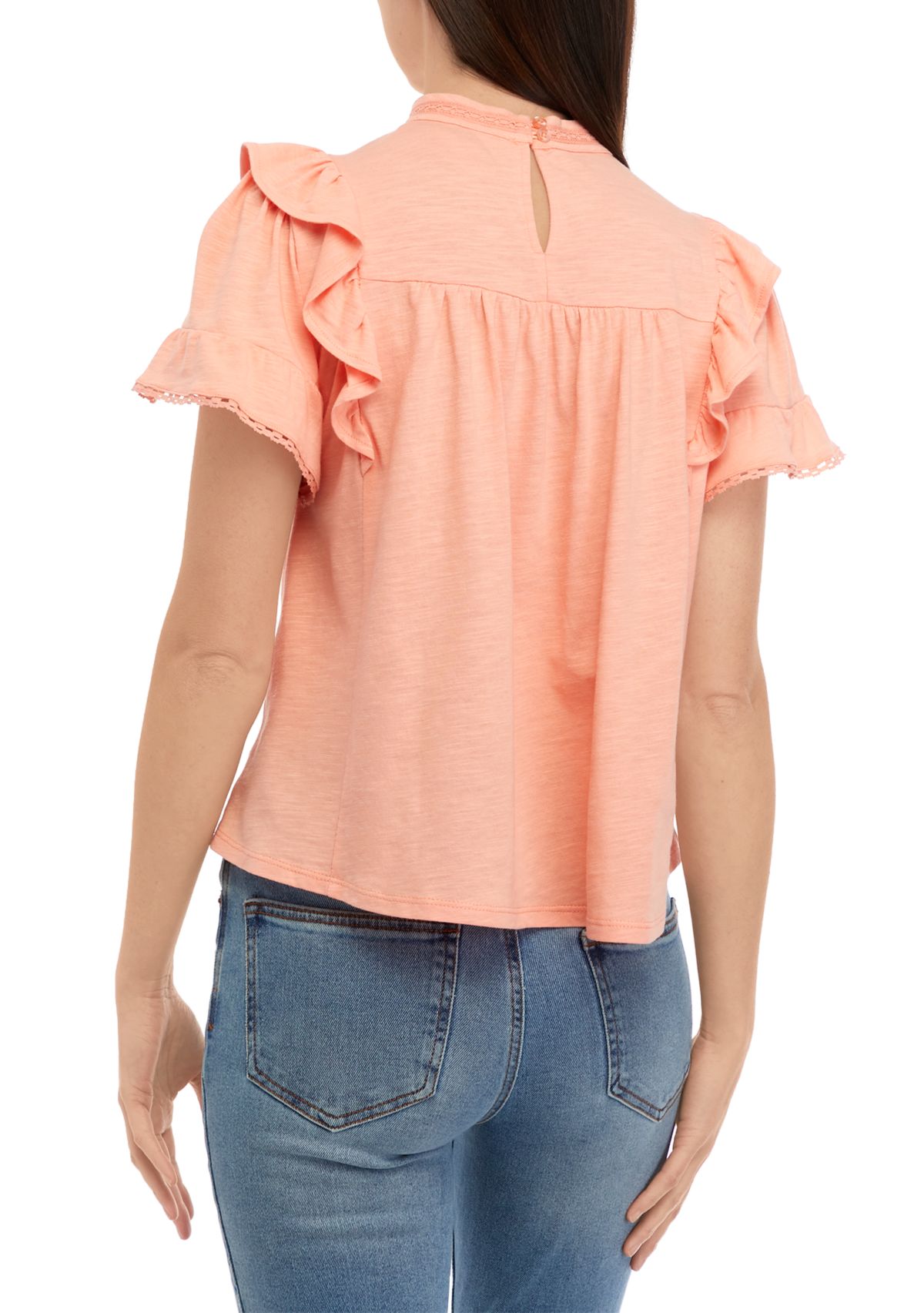 Womens Flutter Sleeve Lace Trim Top with Pintuck 