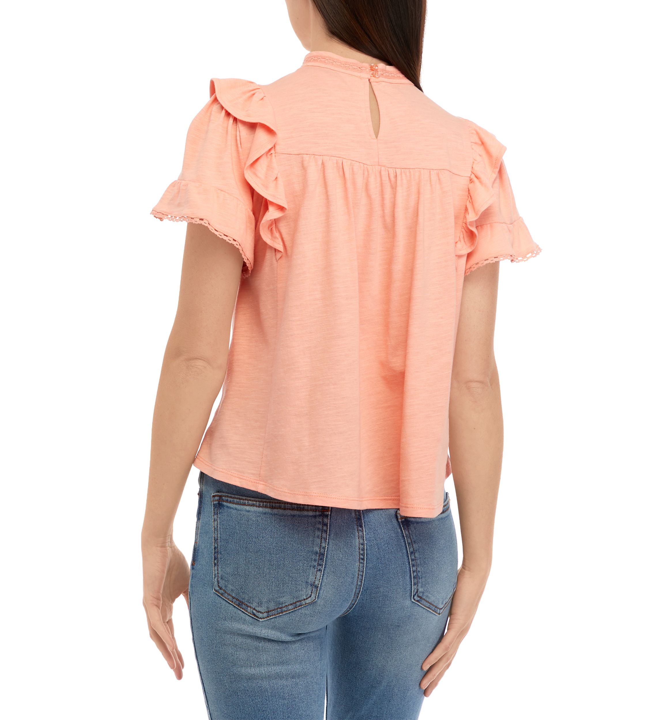 Womens Flutter Sleeve Lace Trim Top with Pintuck 