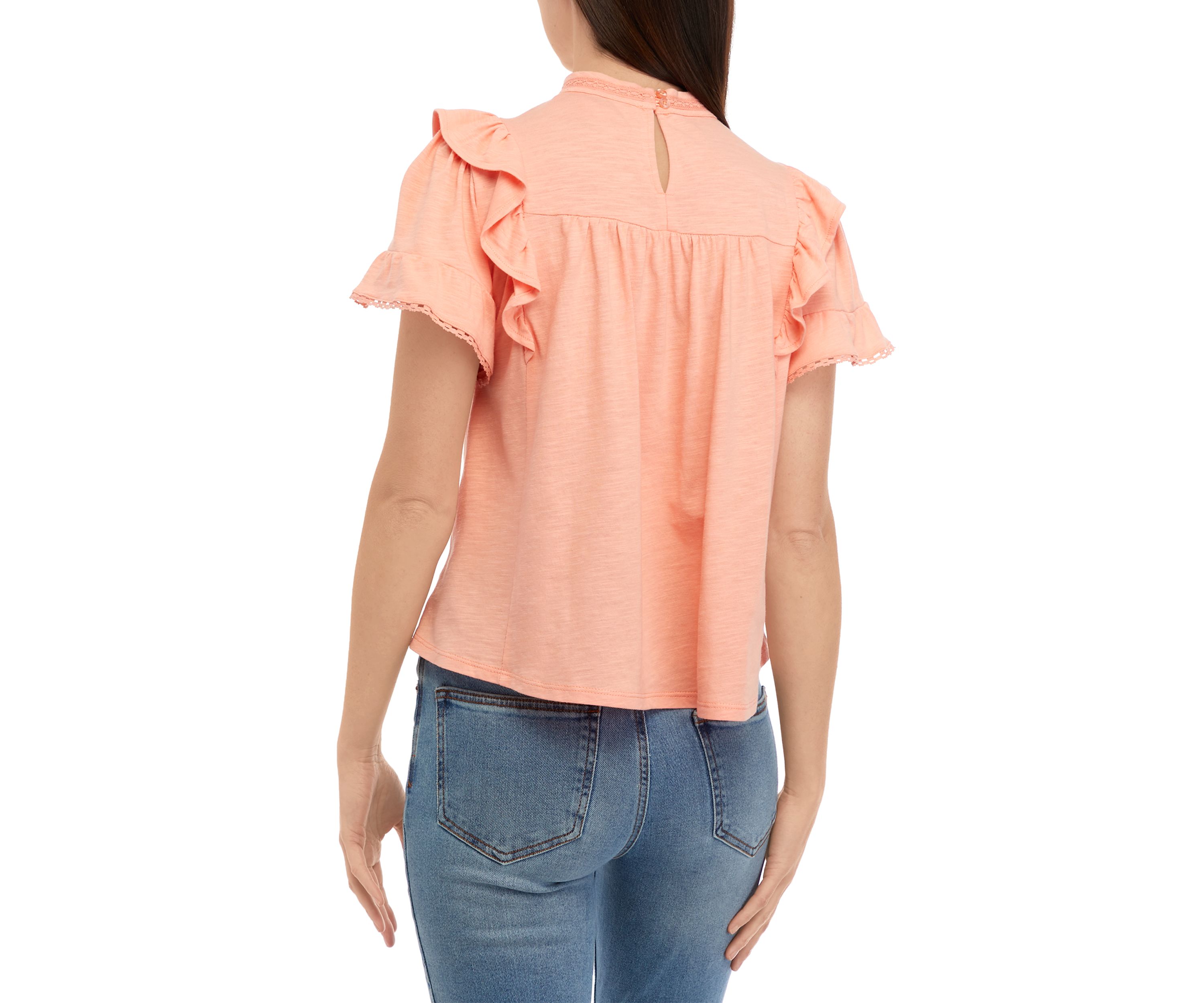 Womens Flutter Sleeve Lace Trim Top with Pintuck 