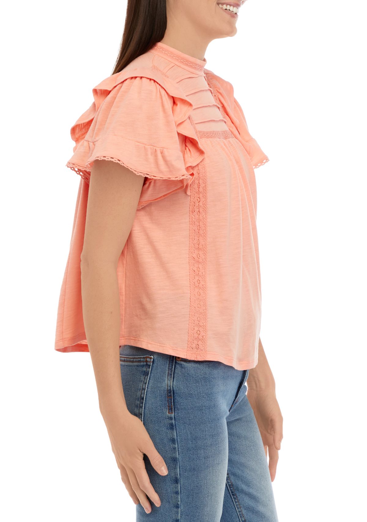 Womens Flutter Sleeve Lace Trim Top with Pintuck 