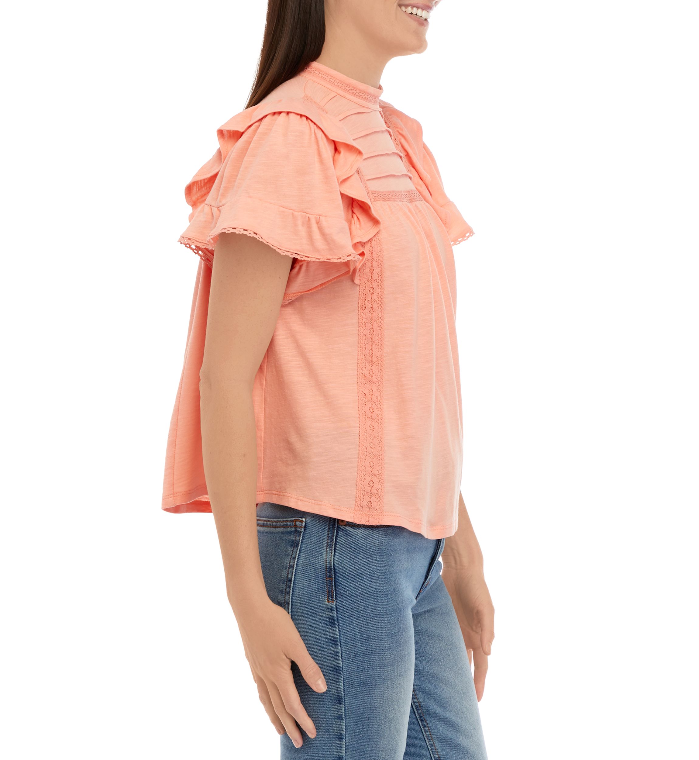 Womens Flutter Sleeve Lace Trim Top with Pintuck 