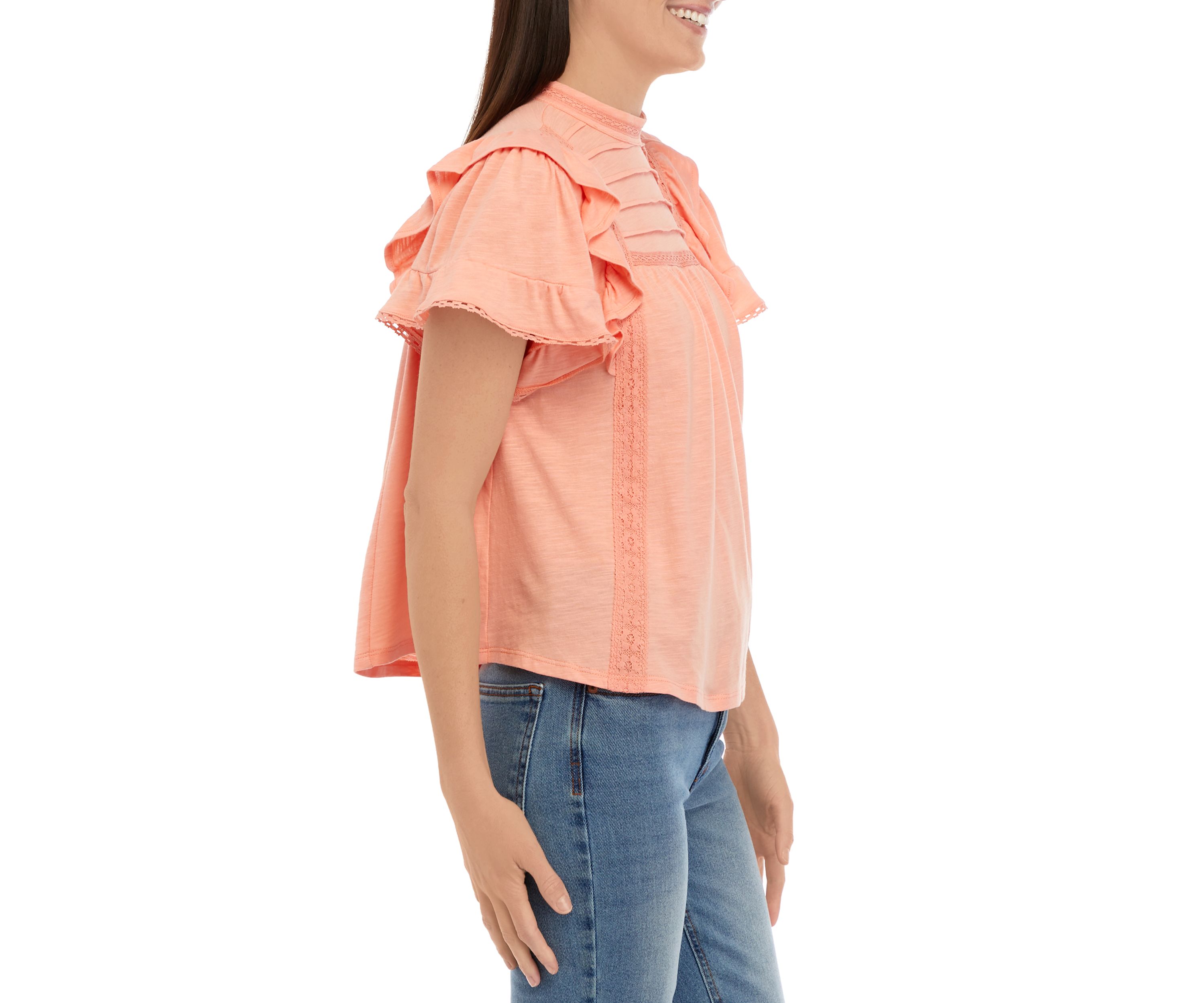Womens Flutter Sleeve Lace Trim Top with Pintuck 