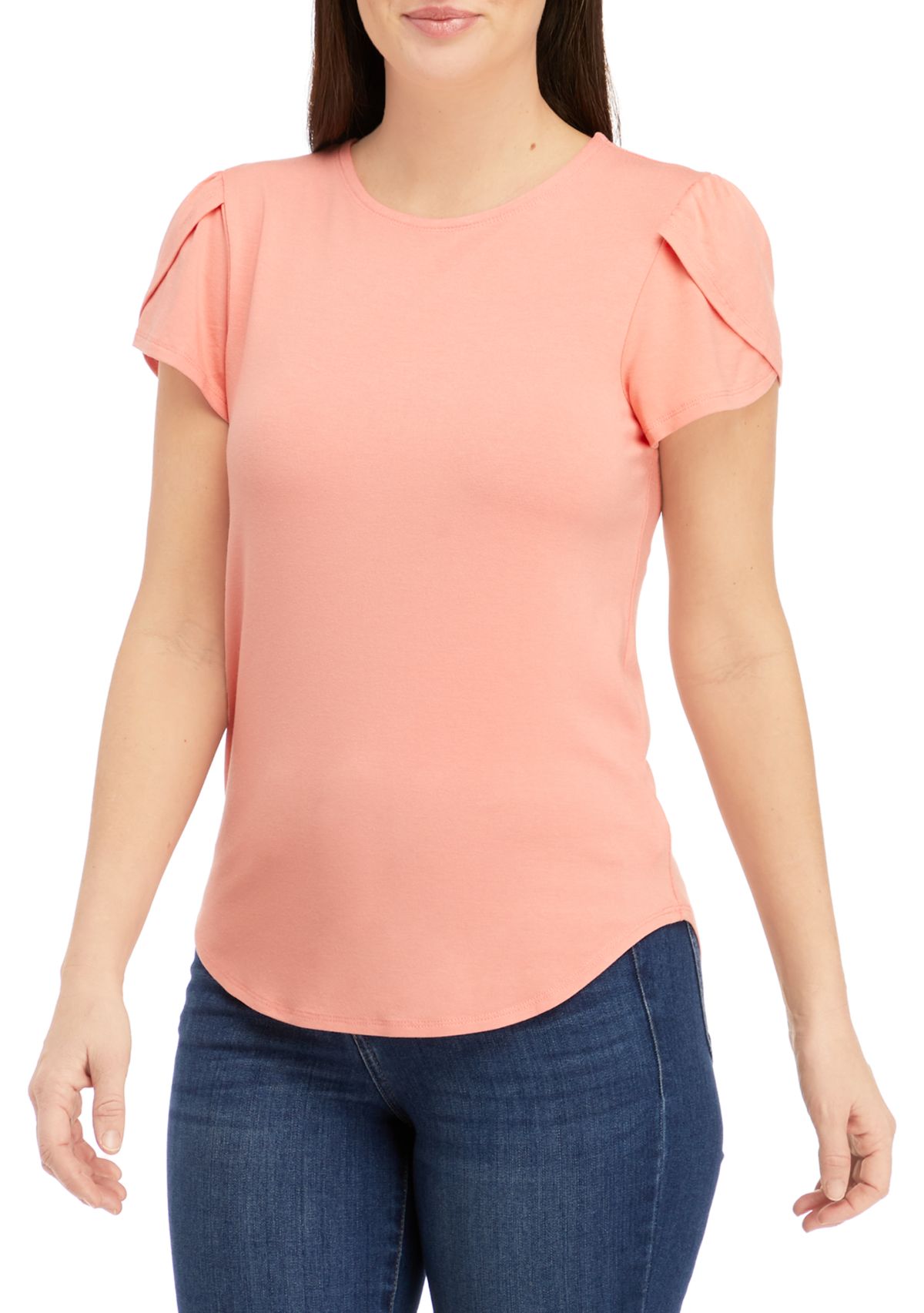 Womens Short Tulip Sleeve Solid Knit T-Shirt