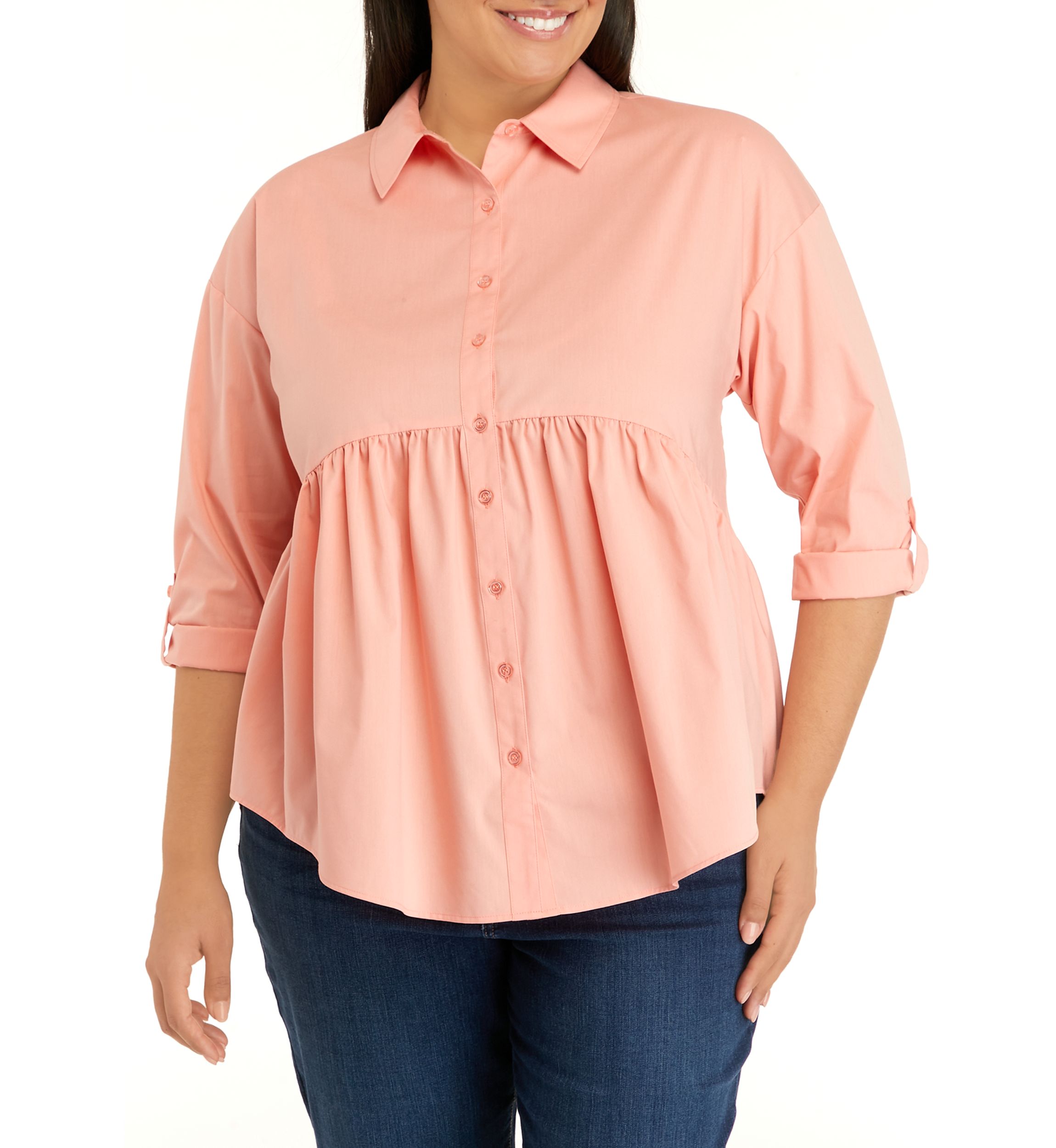Plus Size Poplin High Low Button Down Tunic Top